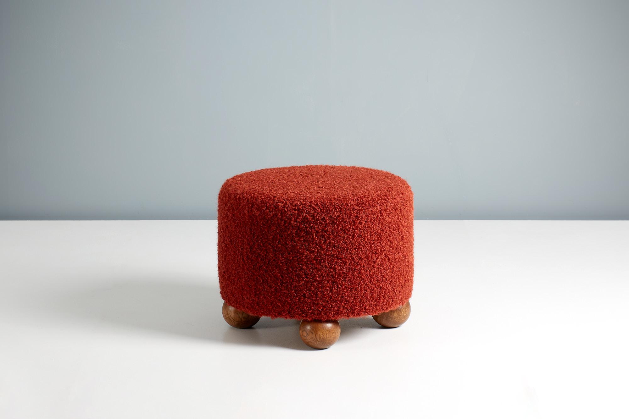 British Pair of Custom Made Round Boucle Ottomans with Oak Ball Feet For Sale