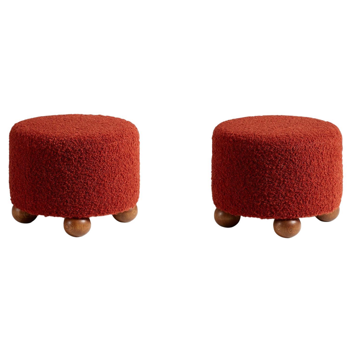 Pair of Custom Made Round Boucle Ottomans with Oak Ball Feet