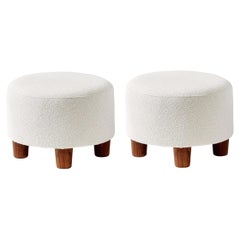 Pair of Custom Made Round Boucle Ottomans with Walnut Legs