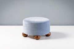 Pair of Custom Made Round Mohair Velvet Ottomans with Oak Ball Feet