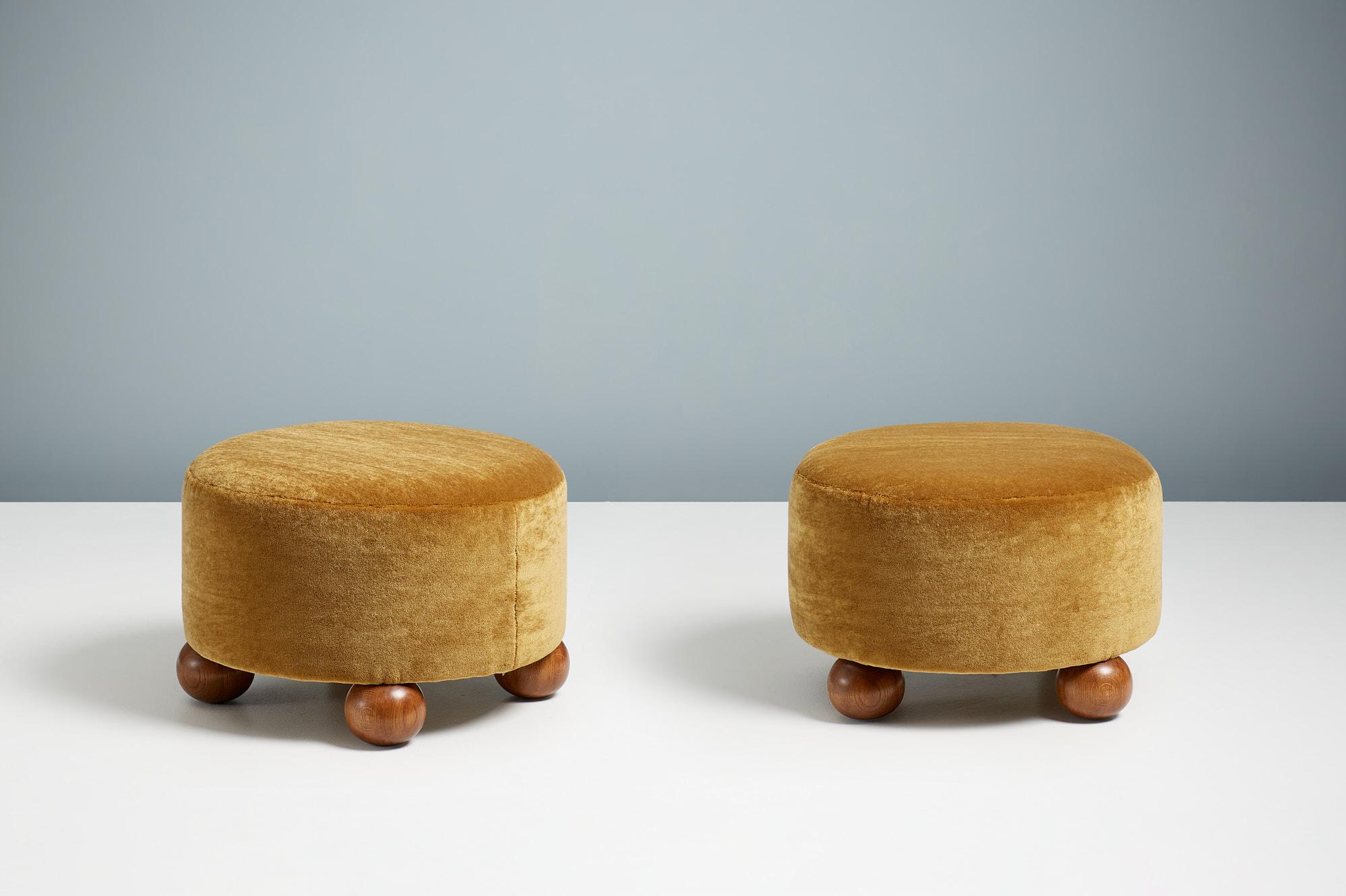 Contemporary Pair of Custom Made Round Mohair Velvet Ottomans with Oak Ball Feet For Sale