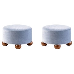 Pair of Custom Made Round Mohair Velvet Ottomans with Oak Ball Feet