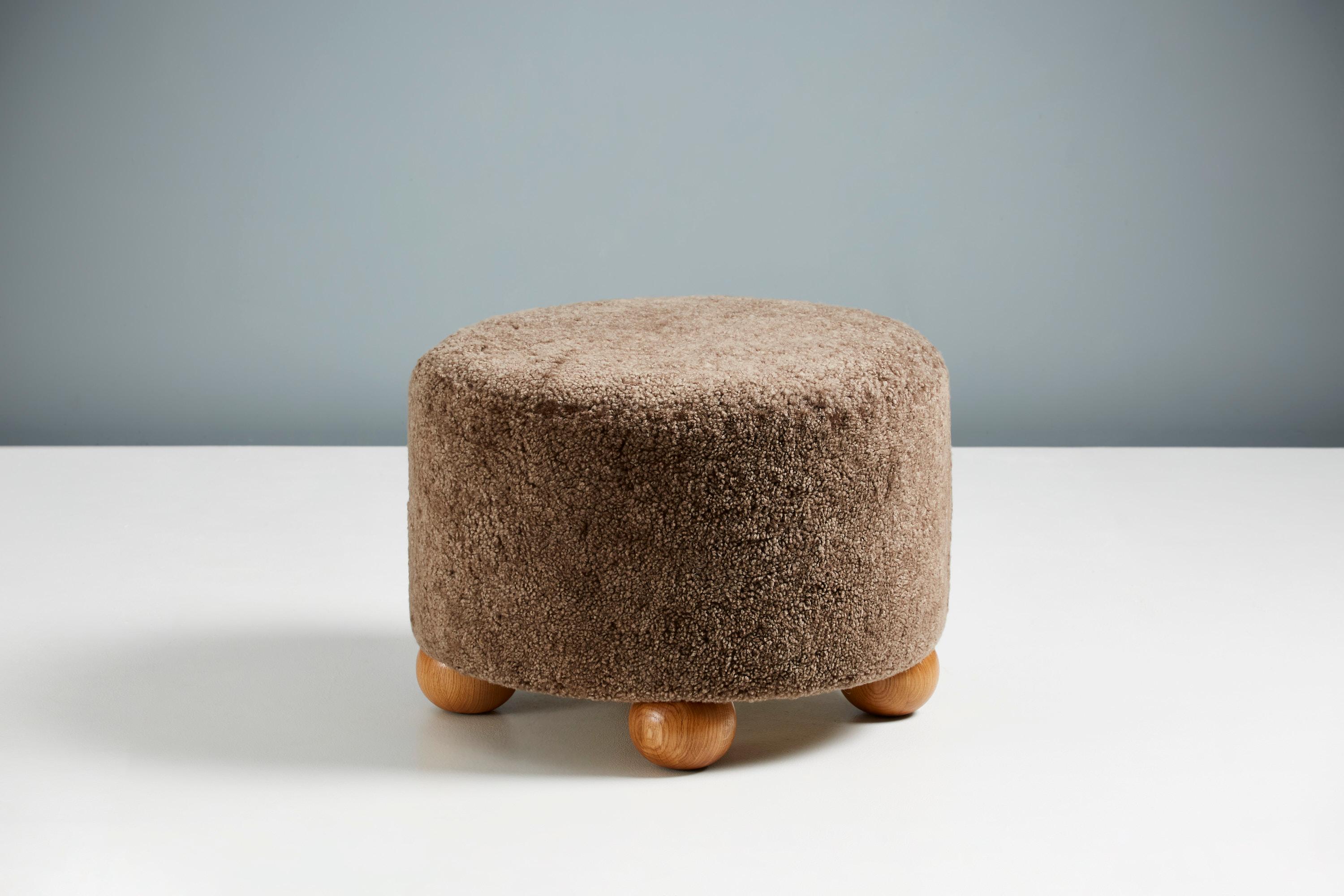 Contemporary Pair of Custom Made Round Sheepskin Ottomans with Oak Ball Feet For Sale