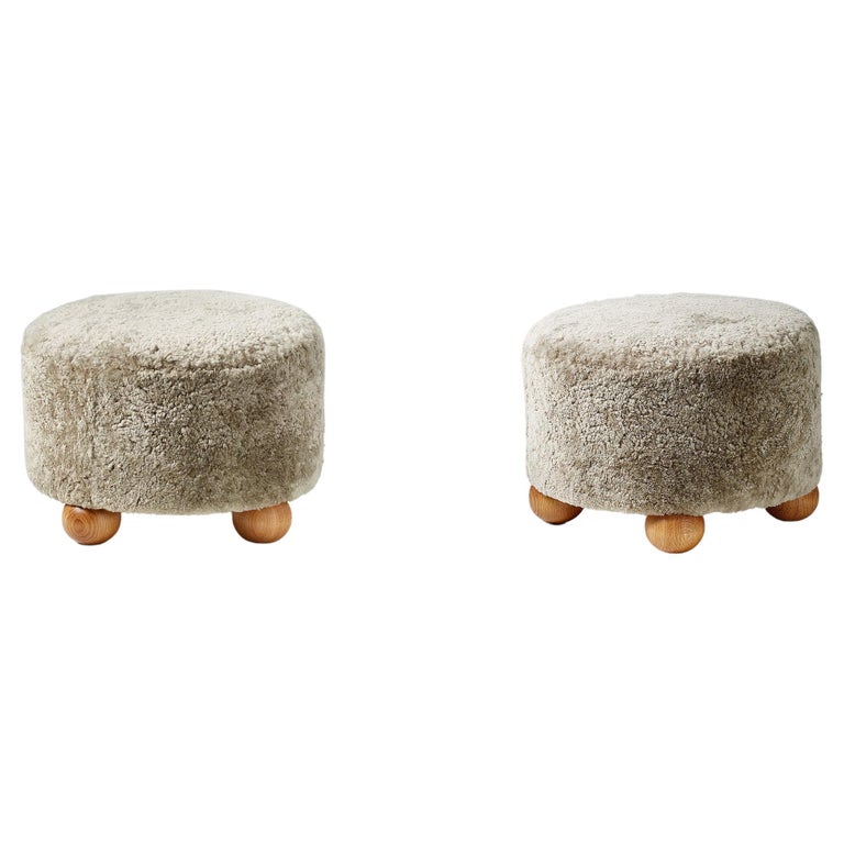 Pair of Custom Made Round Sheepskin Ottomans with Oak Ball Feet For Sale