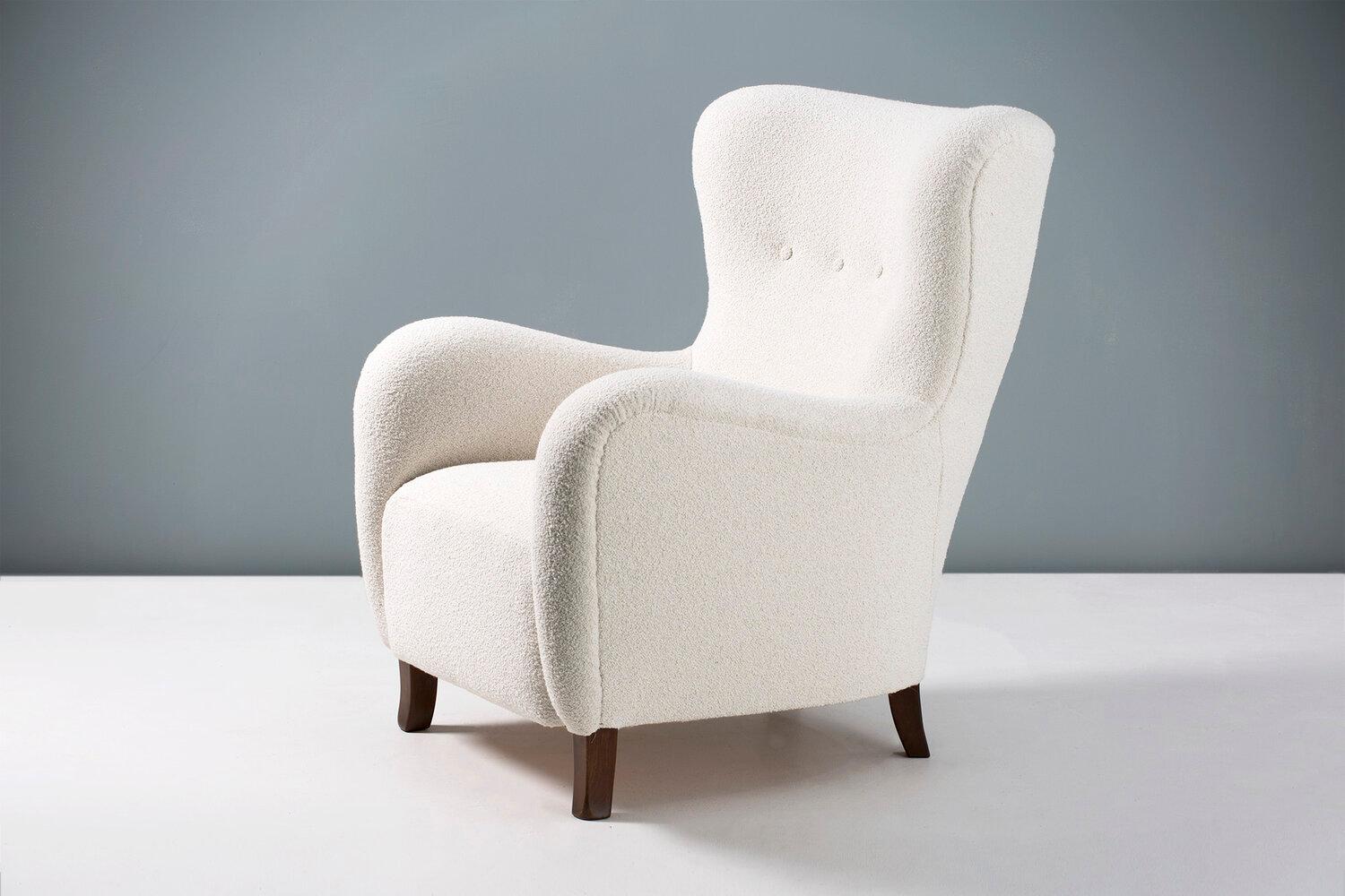 Pair of custom Made Sampo Boucle Wing Chairs For Sale 1