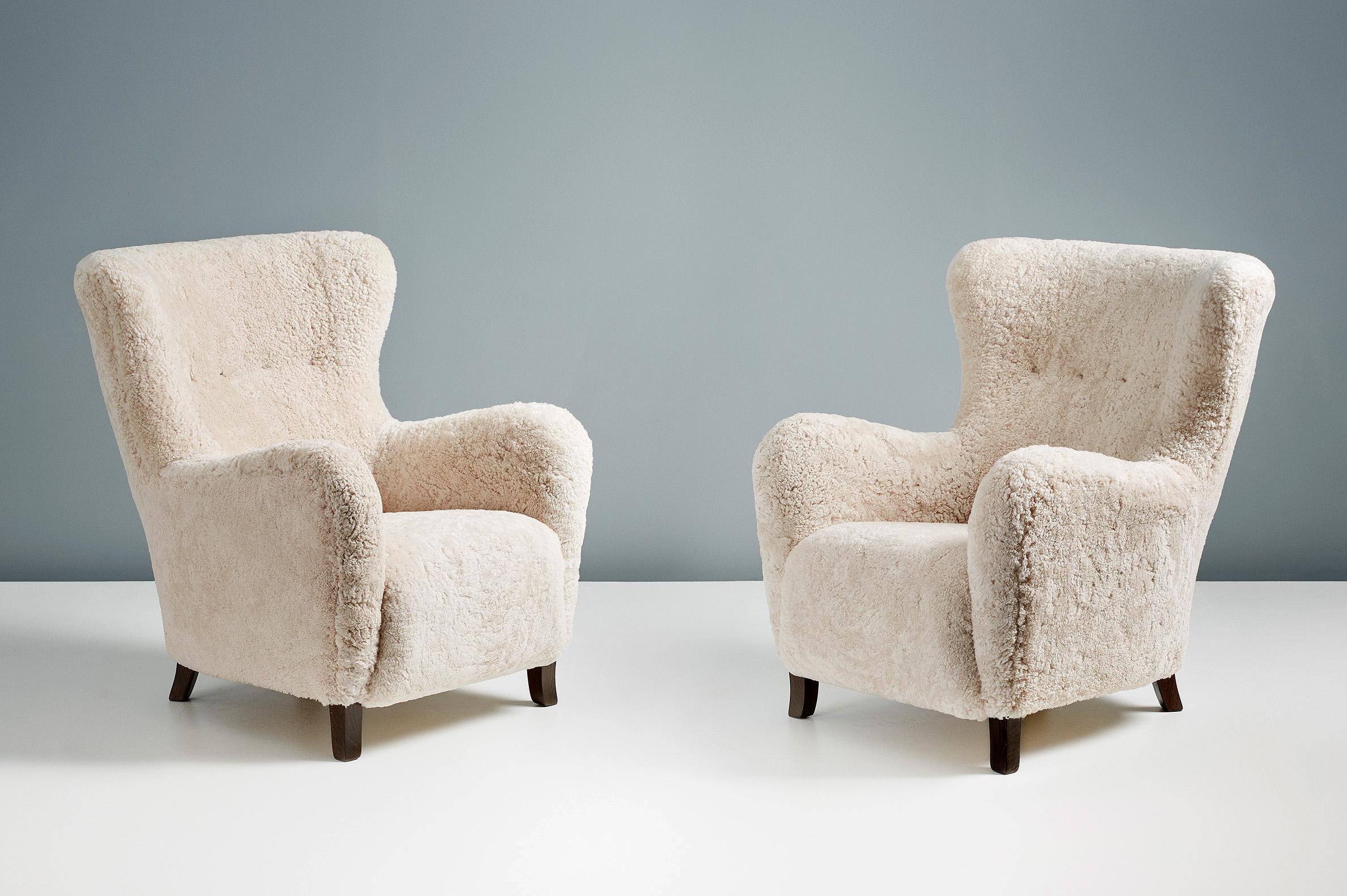 Pair of Custom Made Sampo Sheepskin Wing Chairs For Sale 1