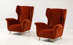 Pair of Italian Sculptural Lounge Chairs in Burnt Orange Red Velvet