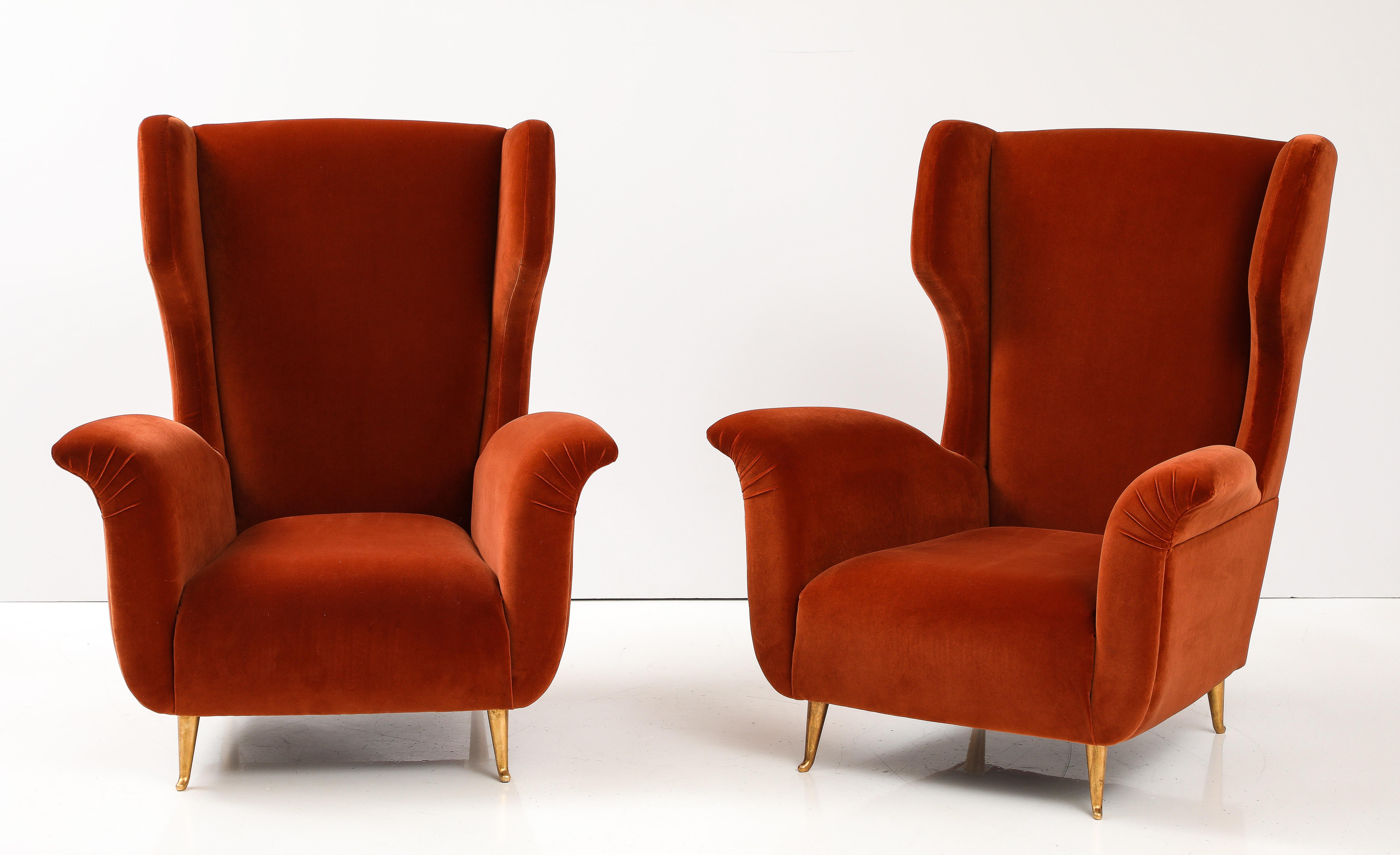 Italian Pair of Custom Made Sculptural Lounge Chairs in Burnt Orange Red Velvet, Italy For Sale