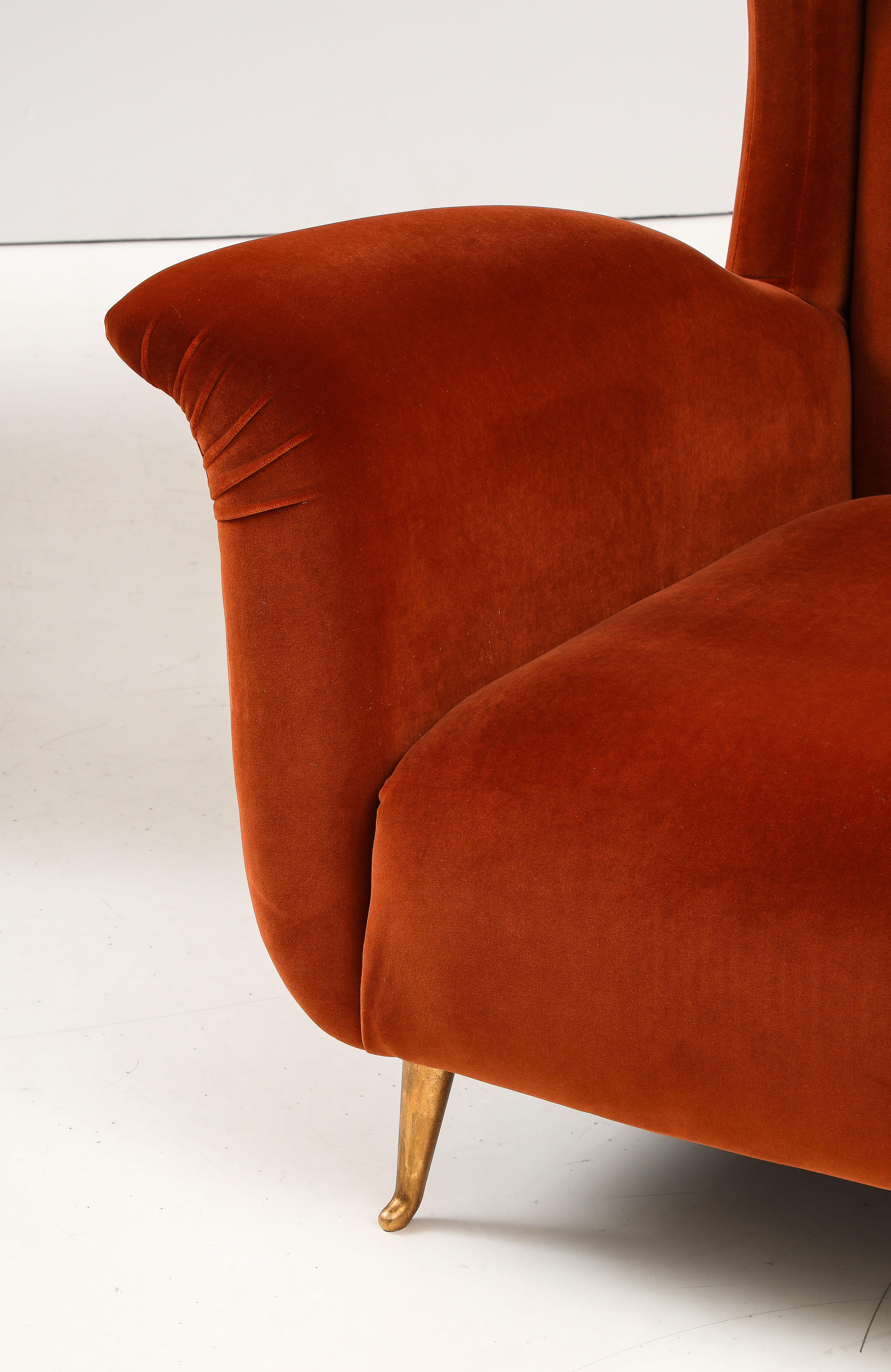 Contemporary Pair of Custom Made Sculptural Lounge Chairs in Burnt Orange Red Velvet, Italy For Sale