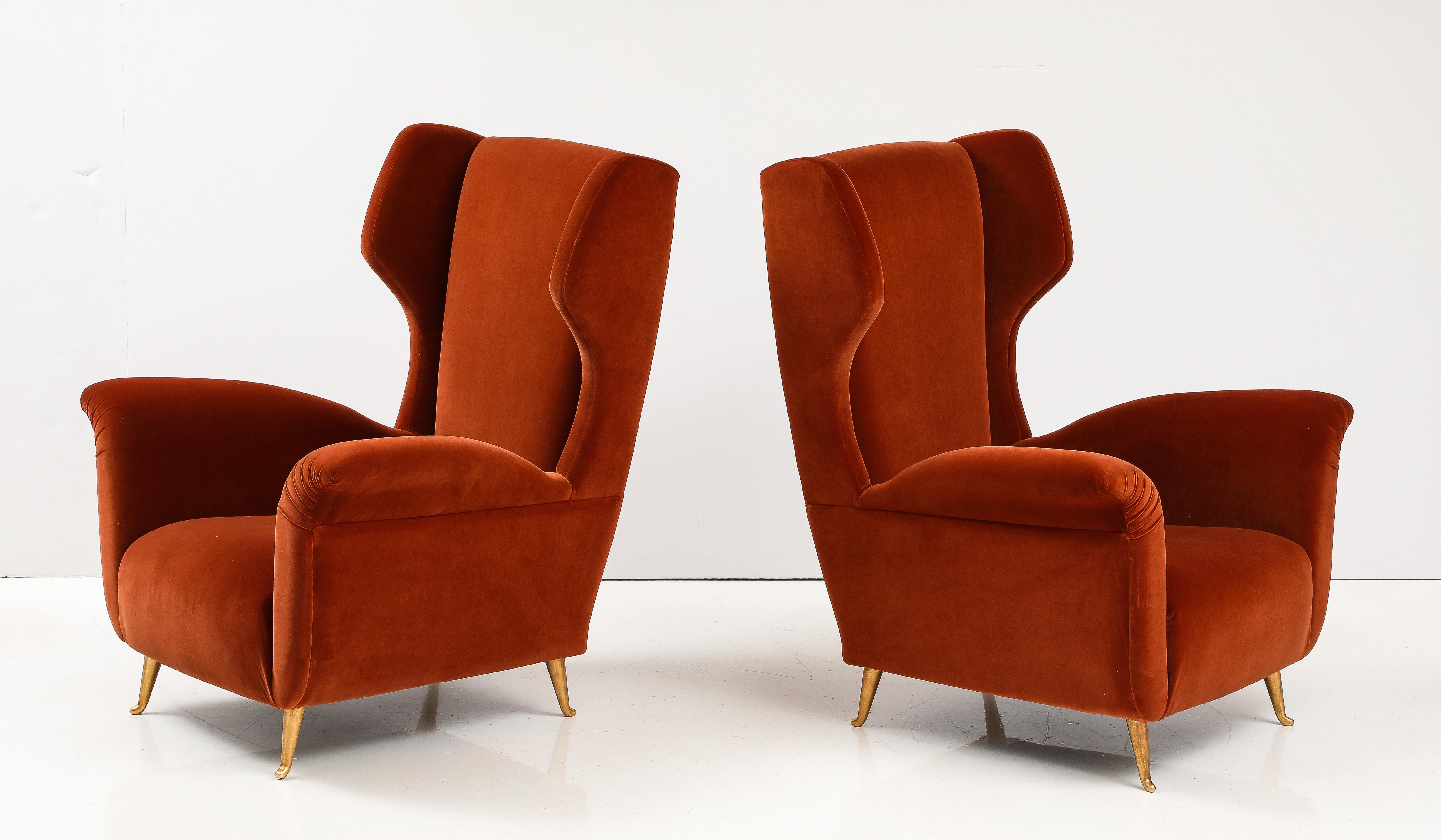 Brass Pair of Custom Made Sculptural Lounge Chairs in Burnt Orange Red Velvet, Italy For Sale
