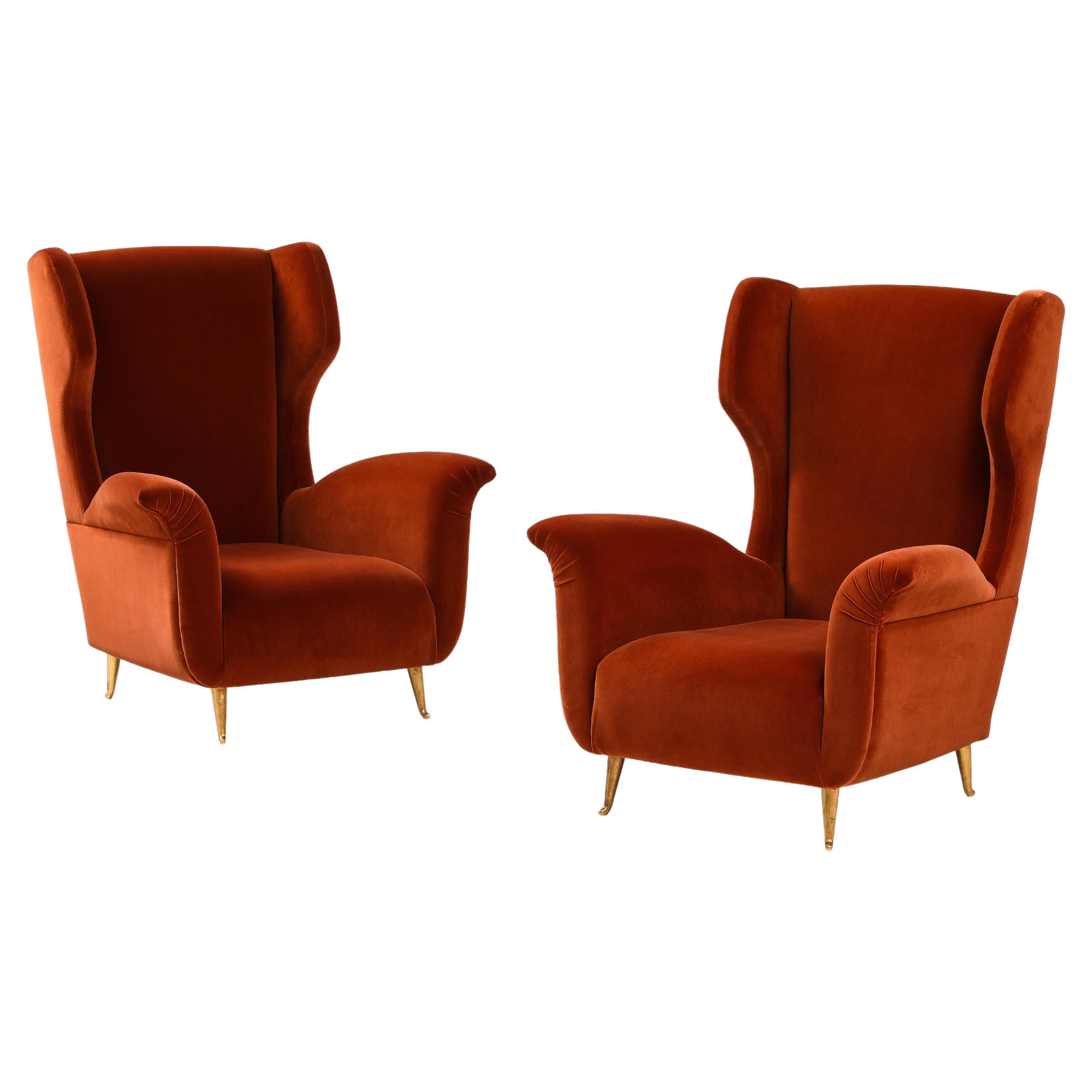 Pair of Custom Made Sculptural Lounge Chairs in Burnt Orange Red Velvet, Italy