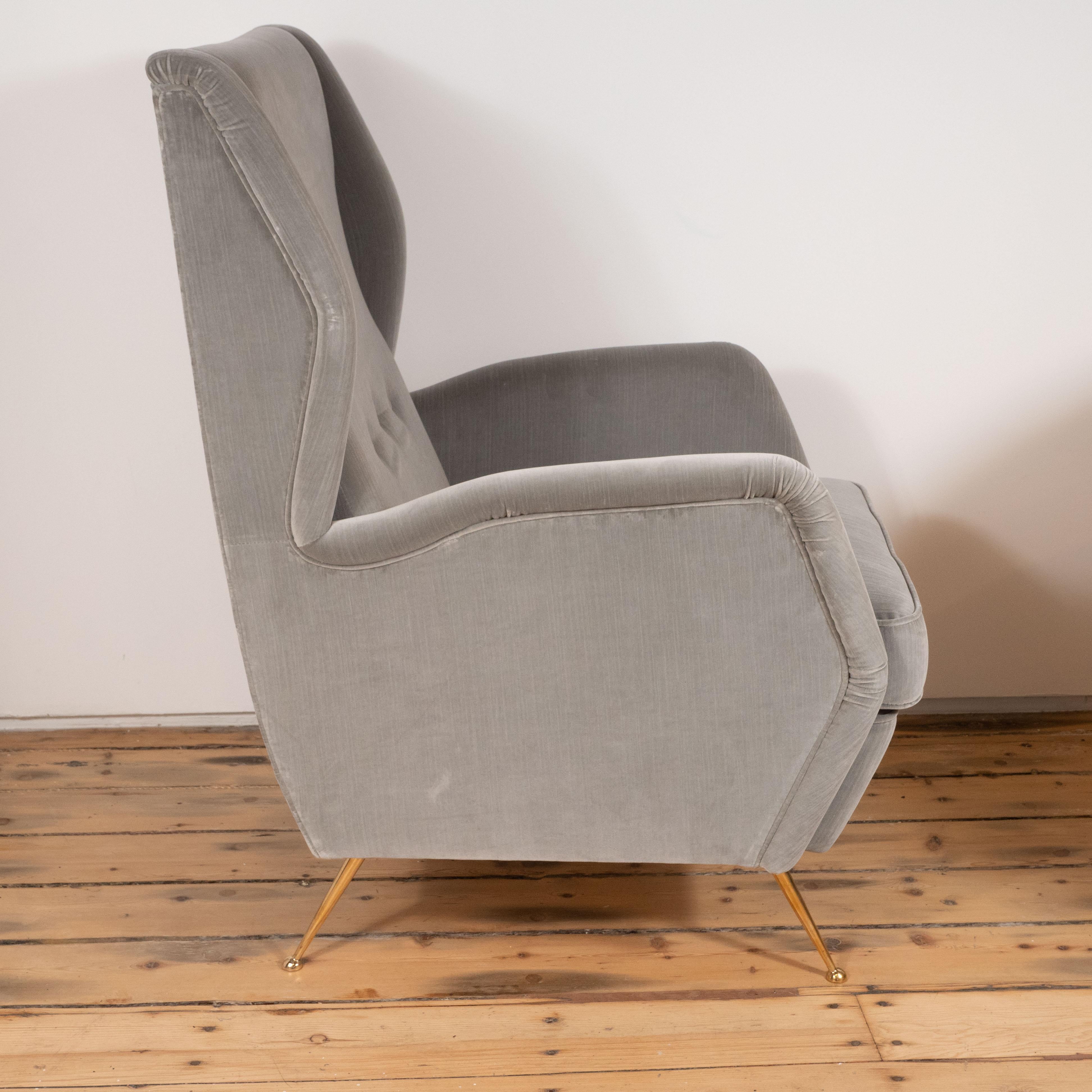 Hand-Crafted Pair of Custom Made to Order Sculptural Lounge Chairs in Grey Velvet, Italy