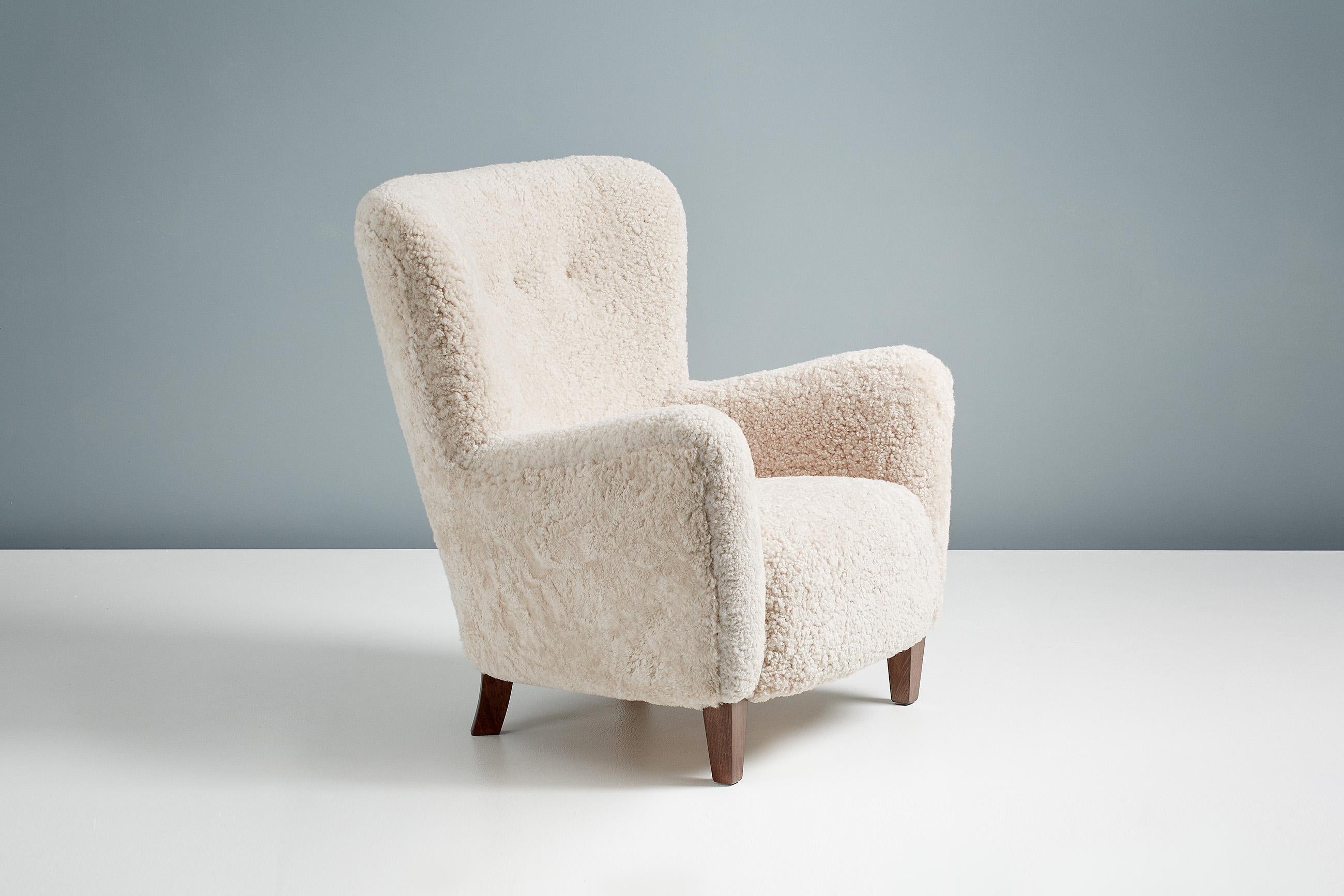 British Pair of Custom Made Sheepskin Lounge Chairs For Sale