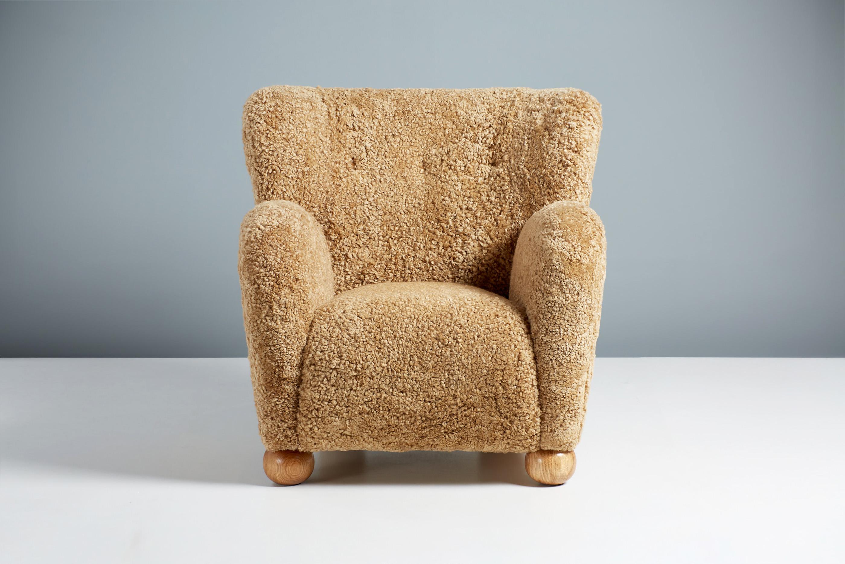 British Pair of Custom Made Sheepskin Lounge Chairs For Sale