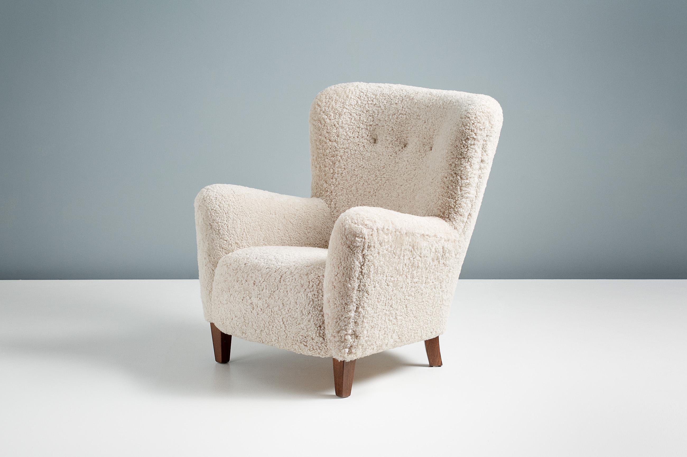 Pair of Custom Made Sheepskin Lounge Chairs For Sale 2