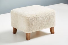 Pair of Custom Made Sheepskin Ottomans with Oak Feet