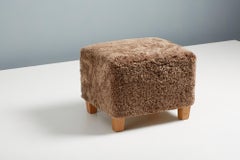 Pair of Custom Made Sheepskin Ottomans with Oak Feet