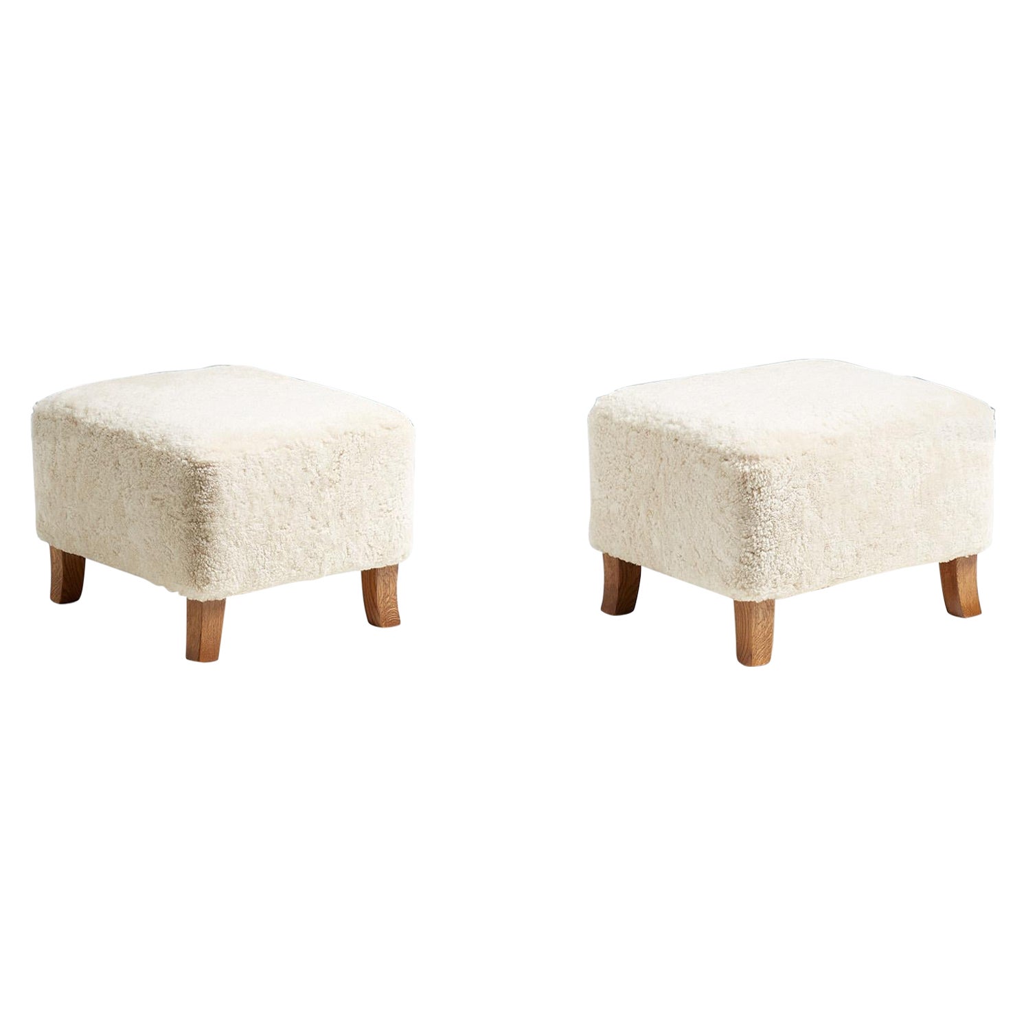 Pair of Custom Made Sheepskin Ottomans with Oak Feet