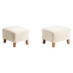 Pair of Custom Made Sheepskin Ottomans with Oak Feet