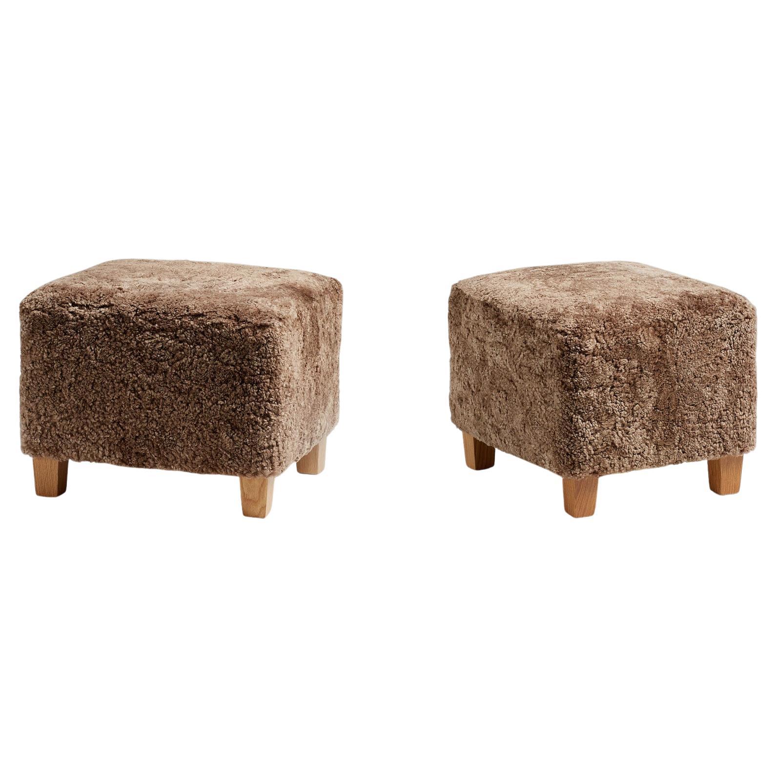 Pair of Custom Made Sheepskin Ottomans with Oak Feet For Sale