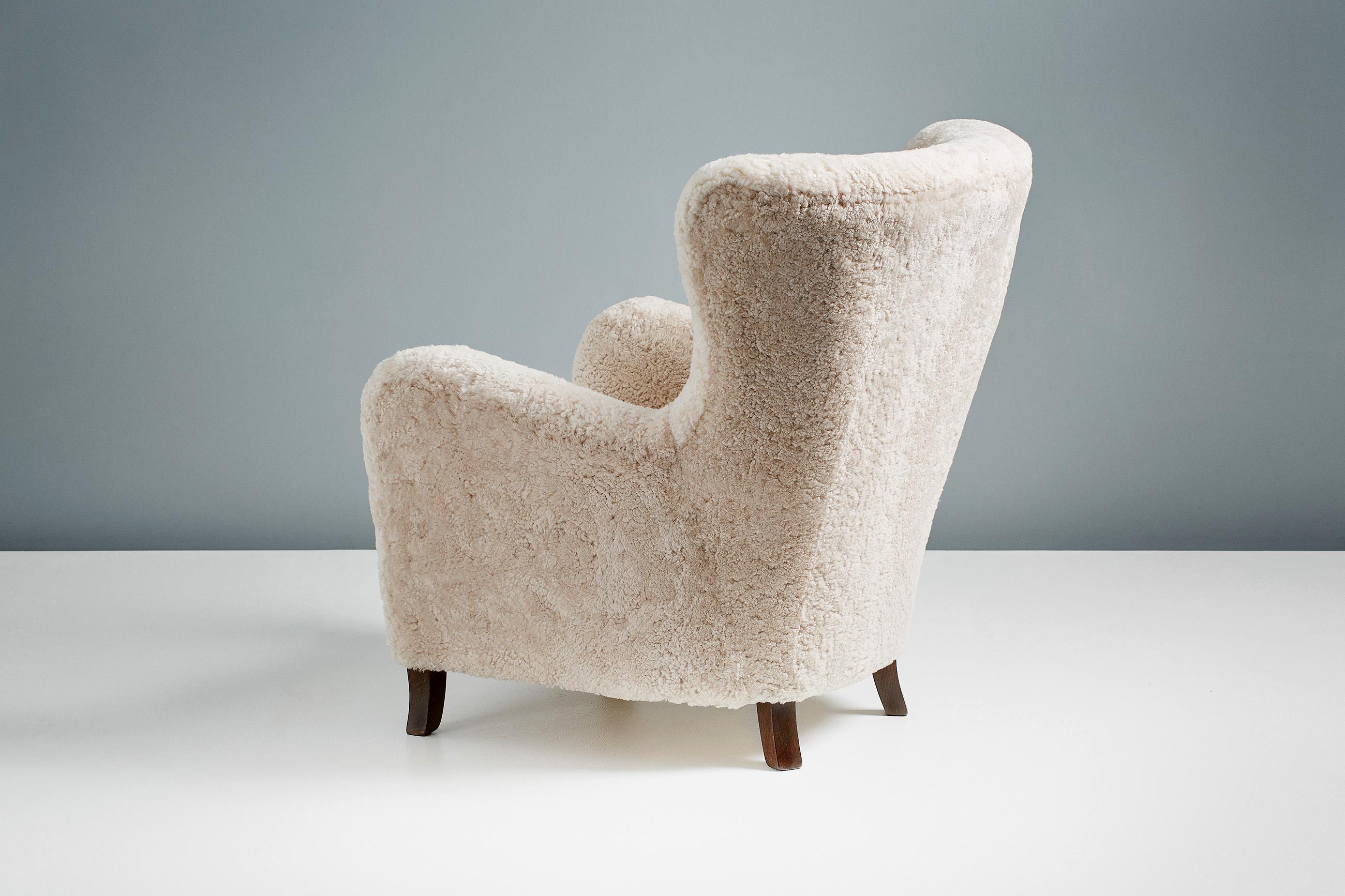 Pair of Custom Made Sheepskin Wing Chairs For Sale 5