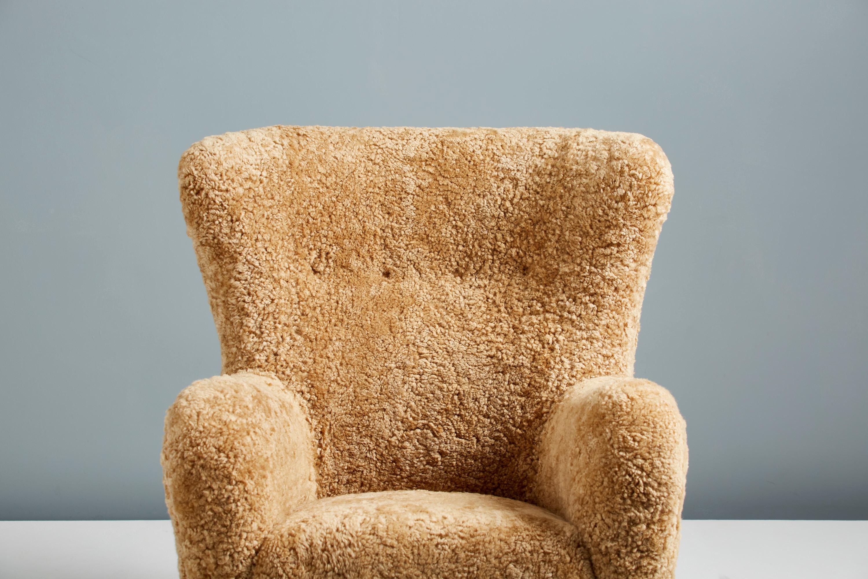 Contemporary Pair of Custom Made Sheepskin Wing Chairs For Sale