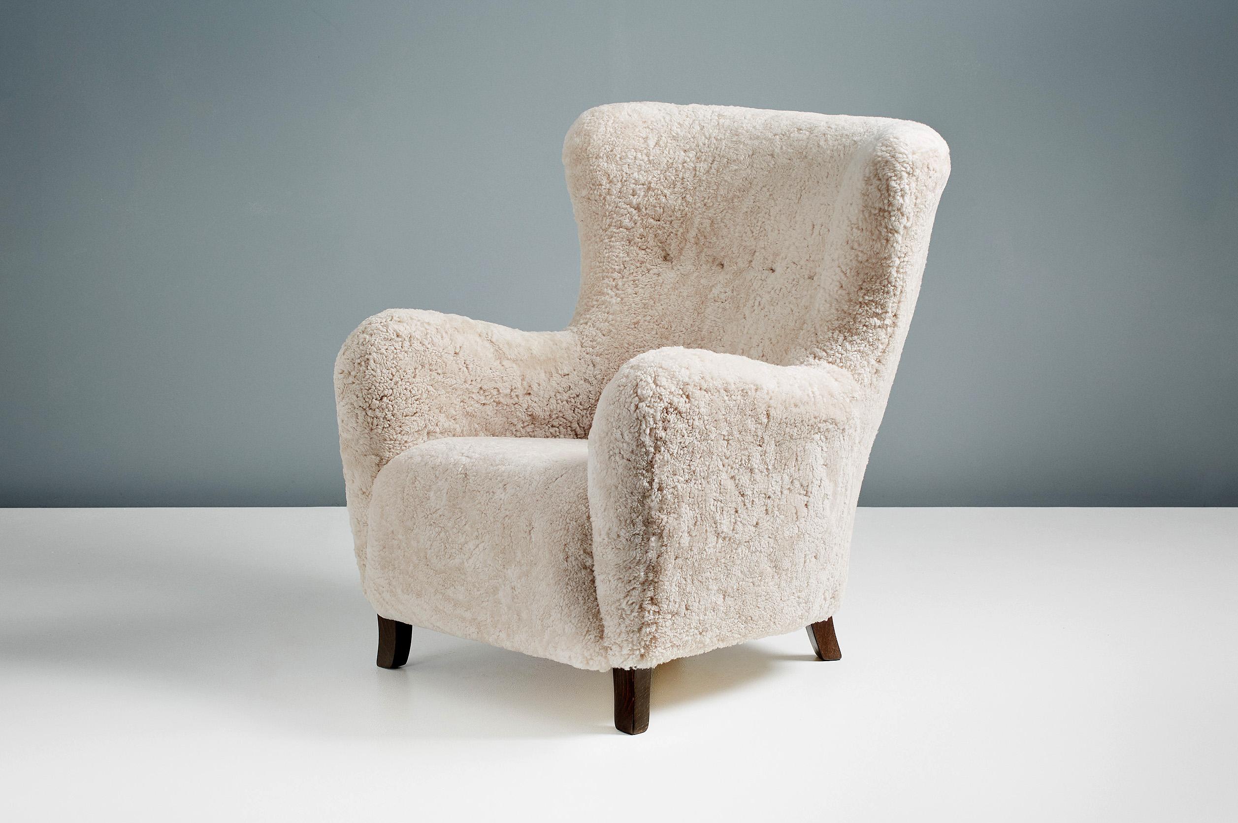 Pair of Custom Made Sheepskin Wing Chairs For Sale 1