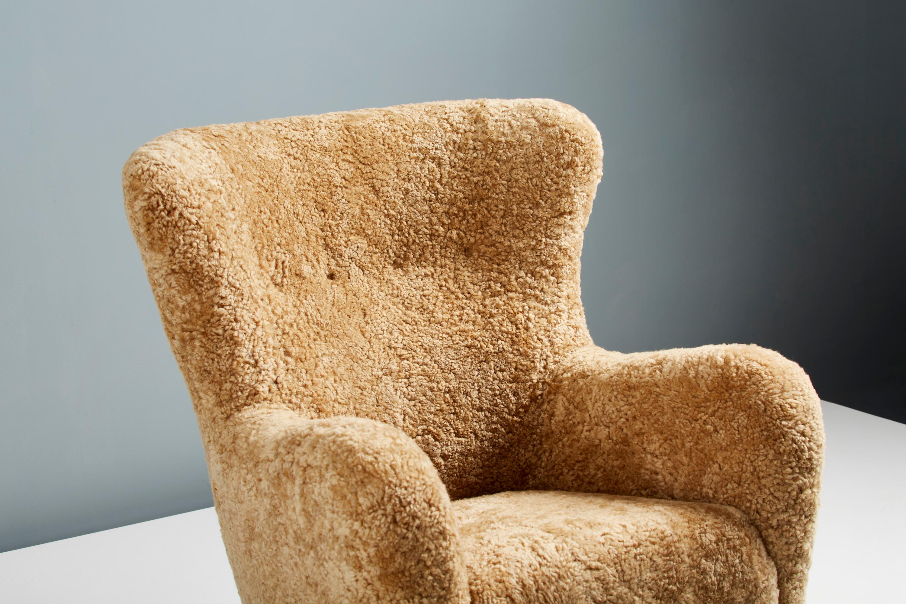 Pair of Custom Made Sheepskin Wing Chairs For Sale 1