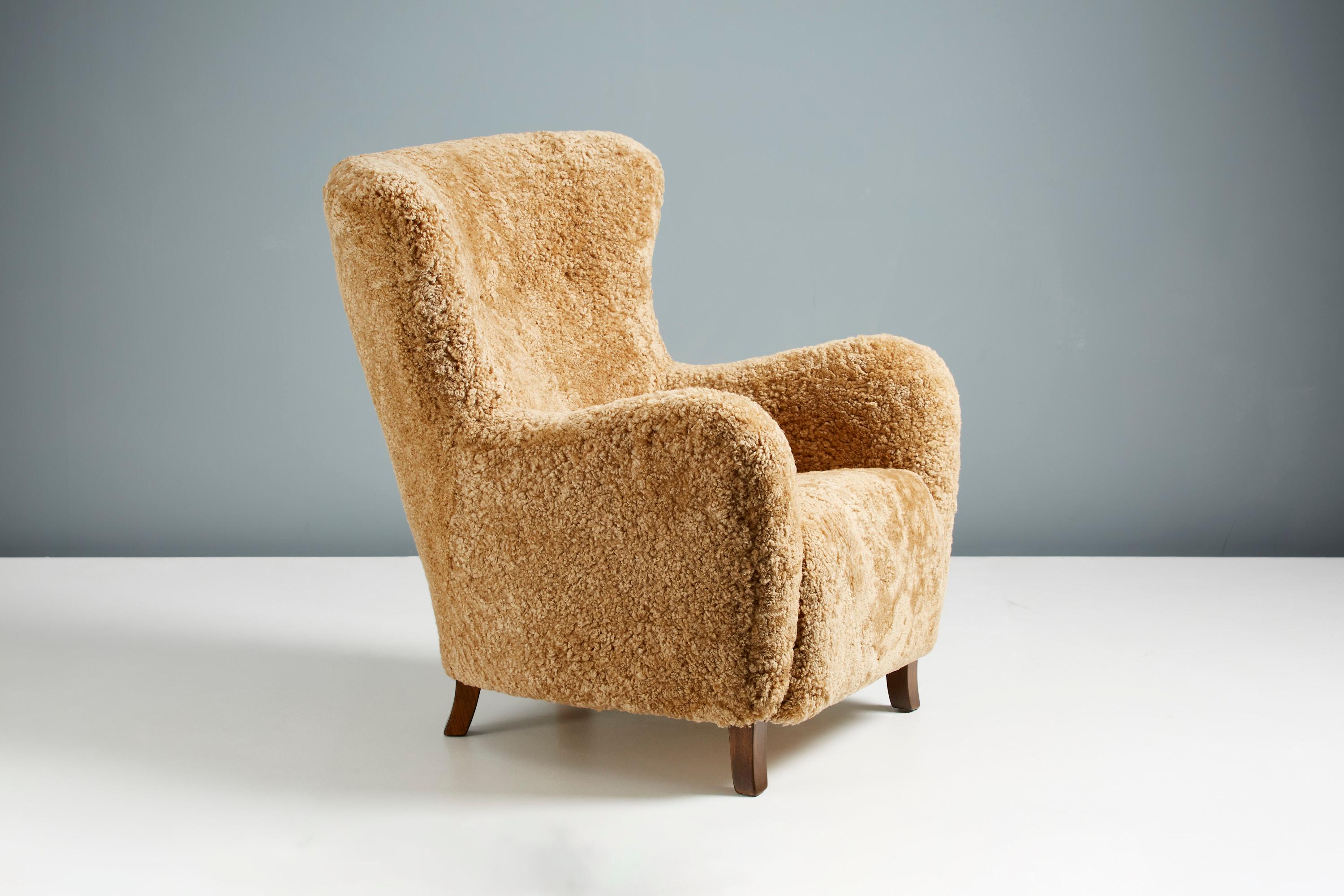 Pair of Custom Made Sheepskin Wing Chairs For Sale 4