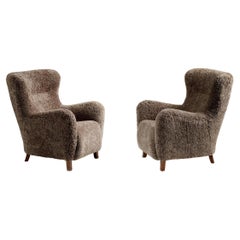 Pair of Custom Made Sheepskin Wing Chairs