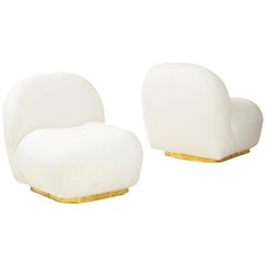 Pair of Custom Made Slipper Lounge Chairs in Ivory Boucle and Brass Base, Italy
