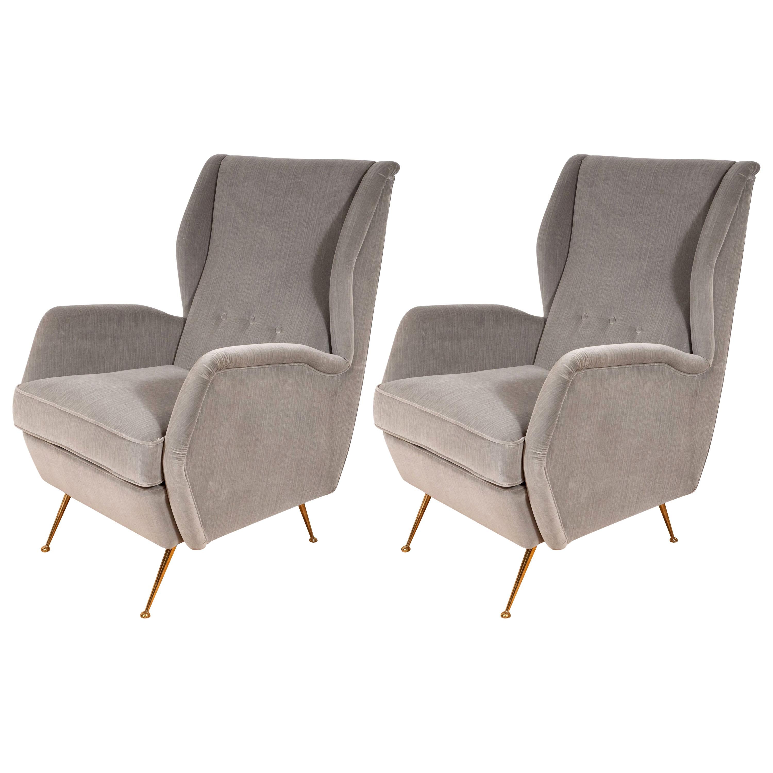 Pair of Custom Made to Order Sculptural Lounge Chairs in Grey Velvet, Italy