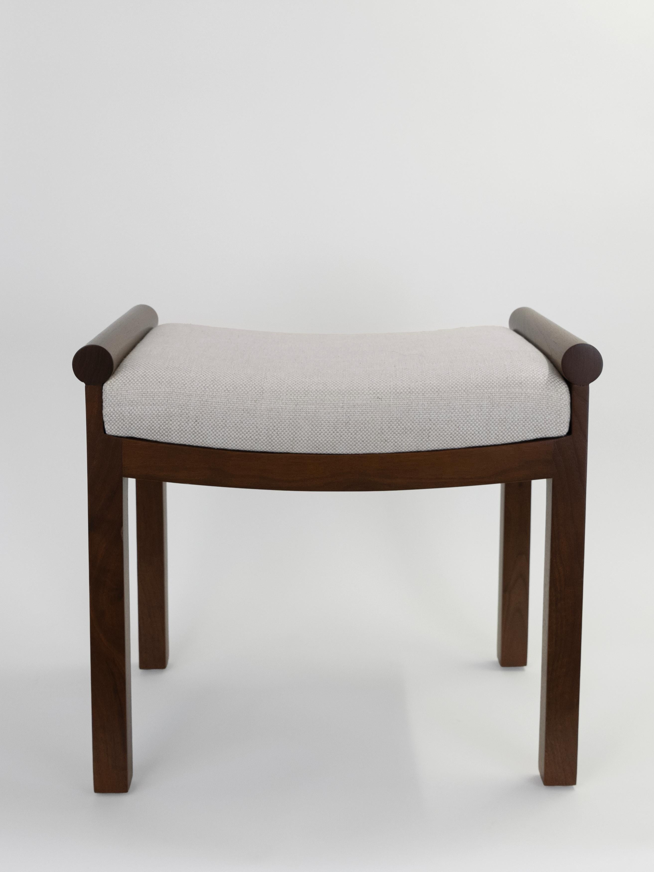Inspired by 1920's vintage Swedish design, these newly custom made stools are a stunning pair.  The construction elements include a brown stained oak frame and a linen viscose blend fabric.

Seat height is approximately 18