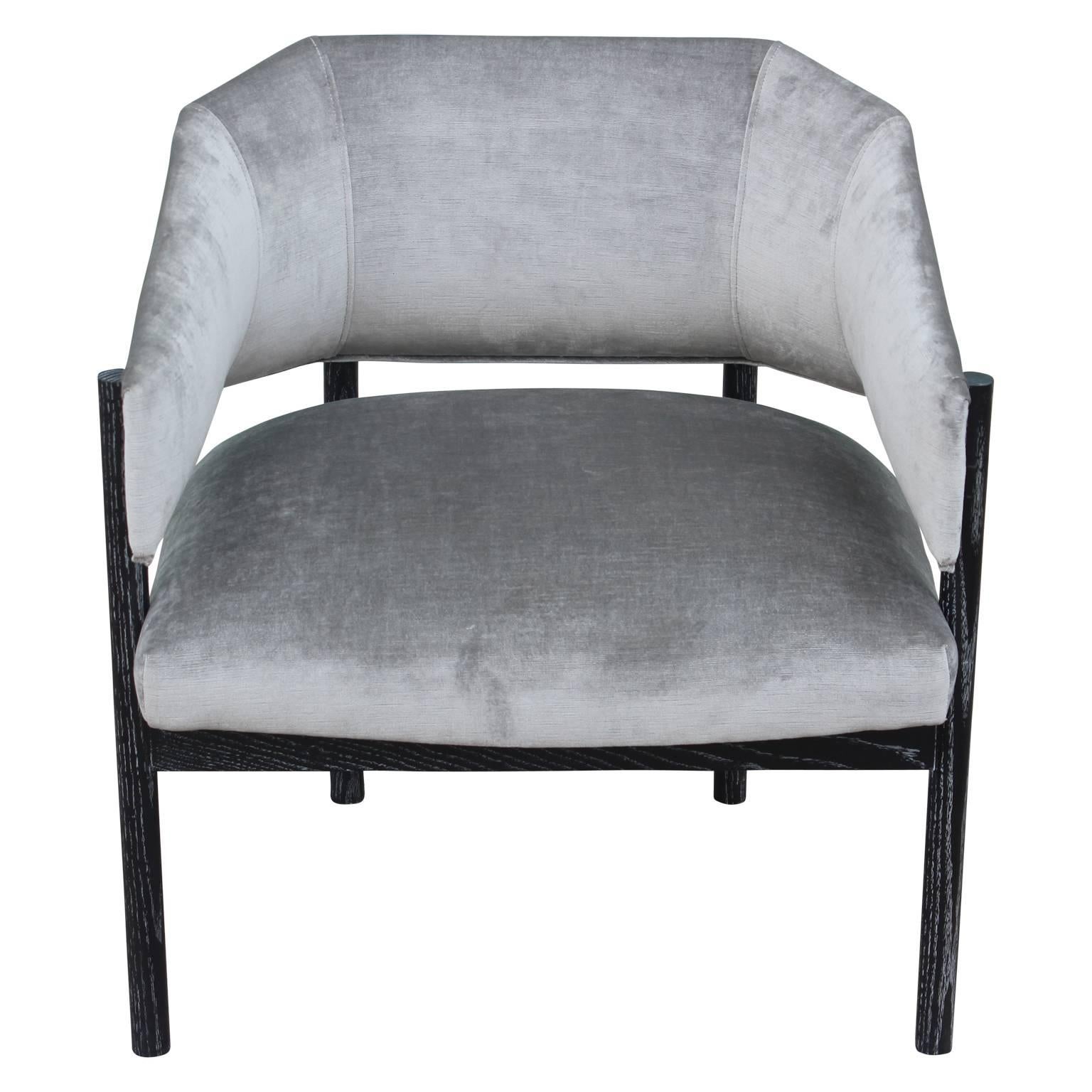 Mid-Century Modern Pair of Custom-Made Velvet and Black Cerused Lounge Chairs