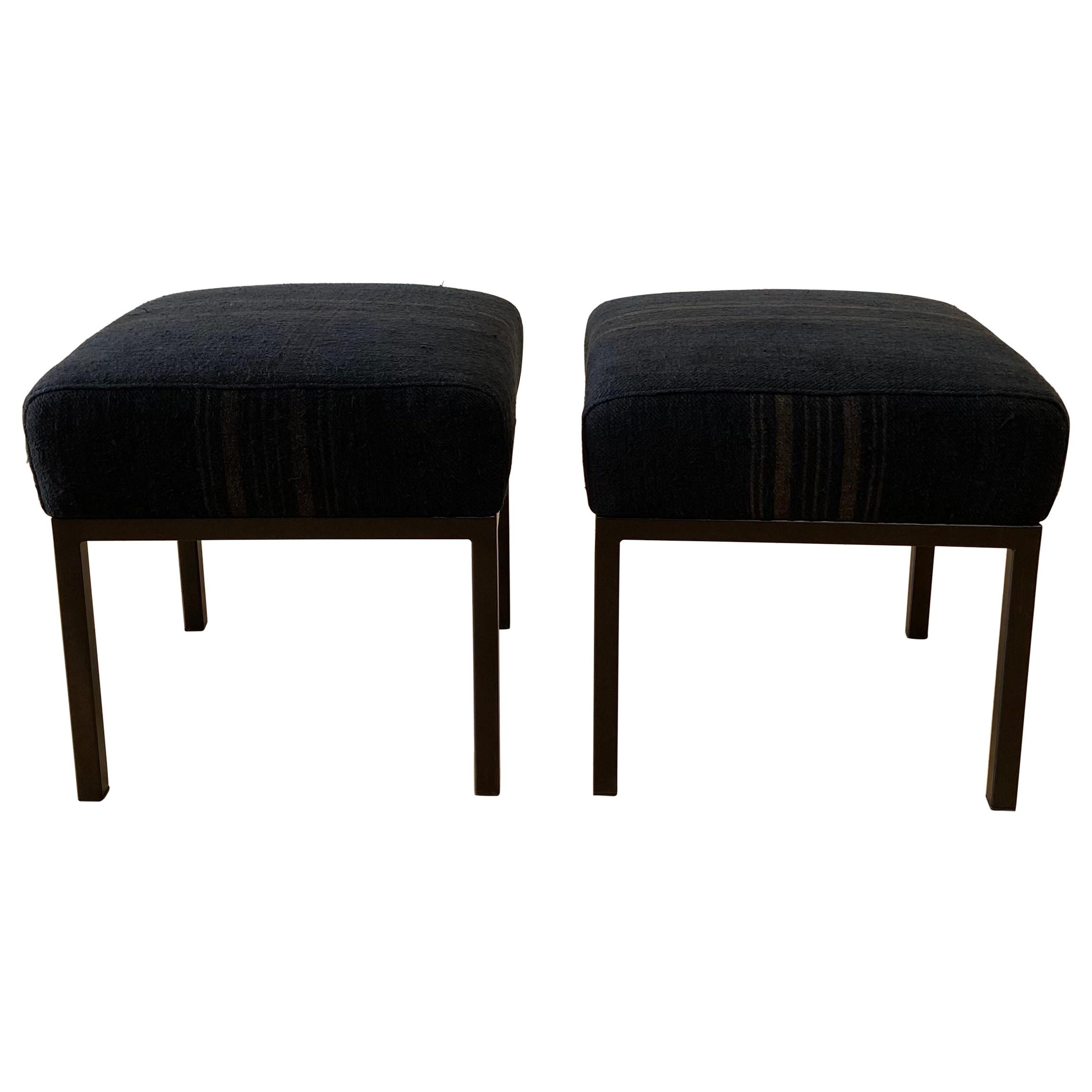 Pair of Custom Made Vintage Grain Sack Upholstered Cube and Metal Frame Ottomans