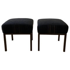 Pair of Custom Made Vintage Grain Sack Upholstered Cube and Metal Frame Ottomans