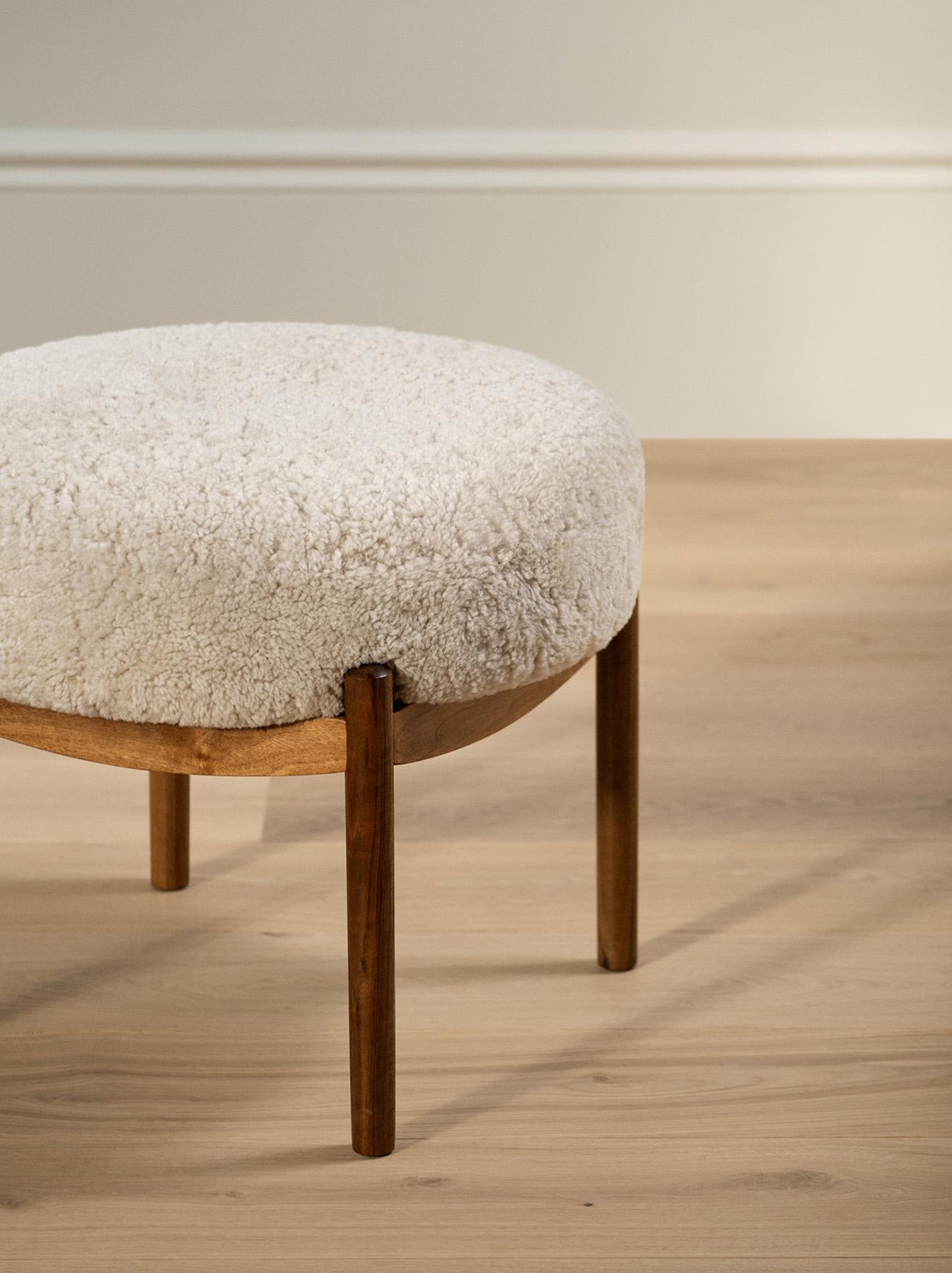 Scandinavian Modern Pair of Custom Made Walnut & Sheepskin Esko Ottomans For Sale