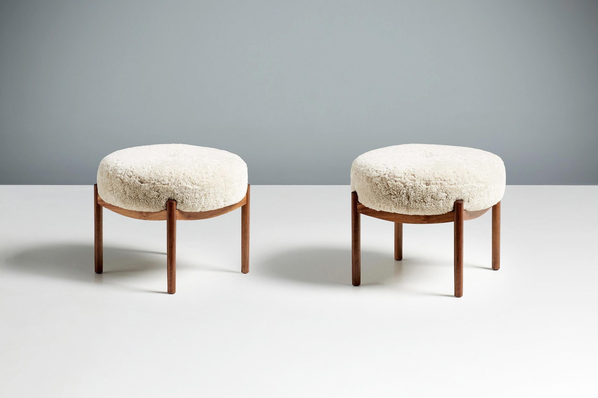 Pair of Custom Made Walnut & Sheepskin Ottomans In New Condition For Sale In London, GB