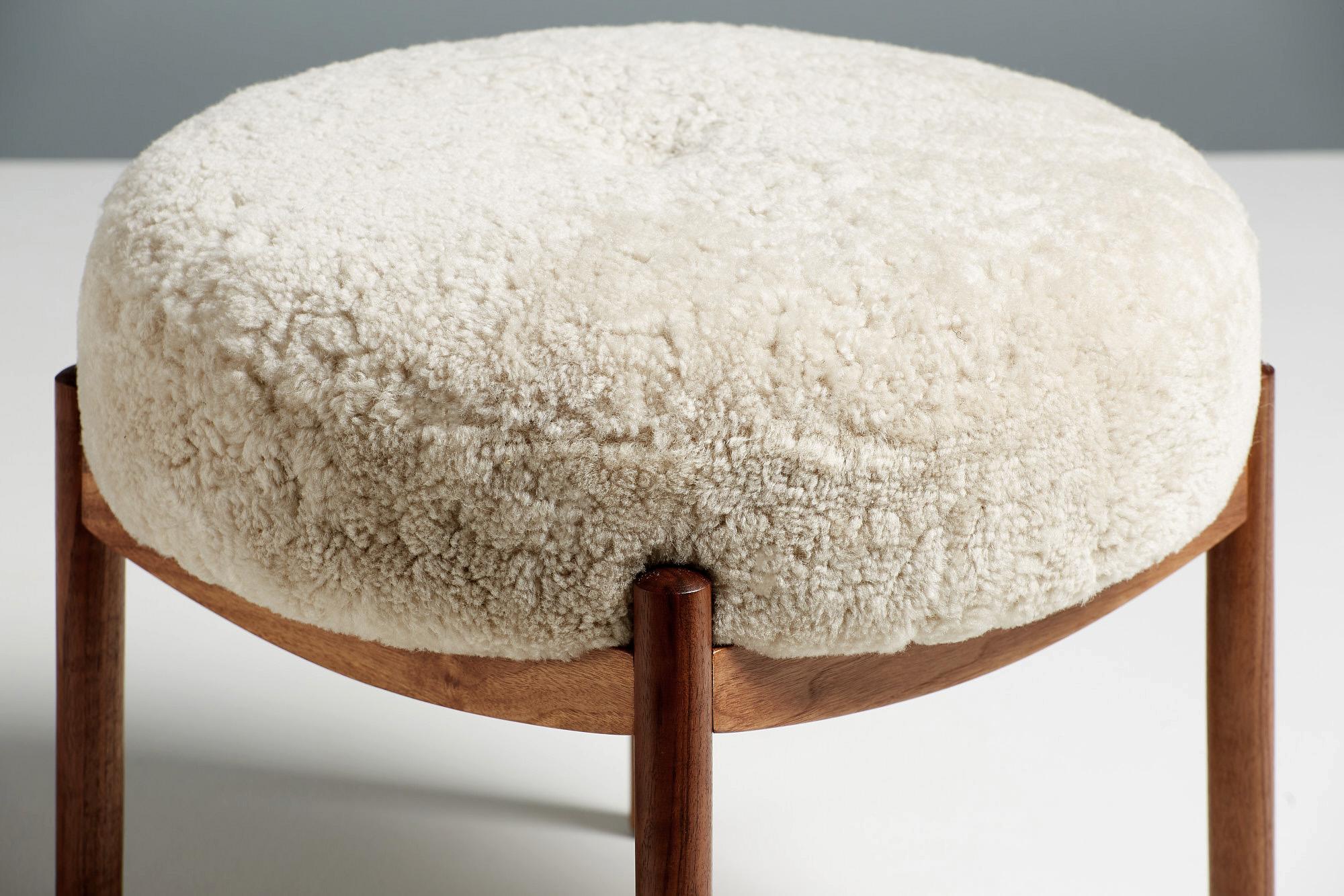 Oak Pair of Custom Made Walnut & Sheepskin Ottomans For Sale