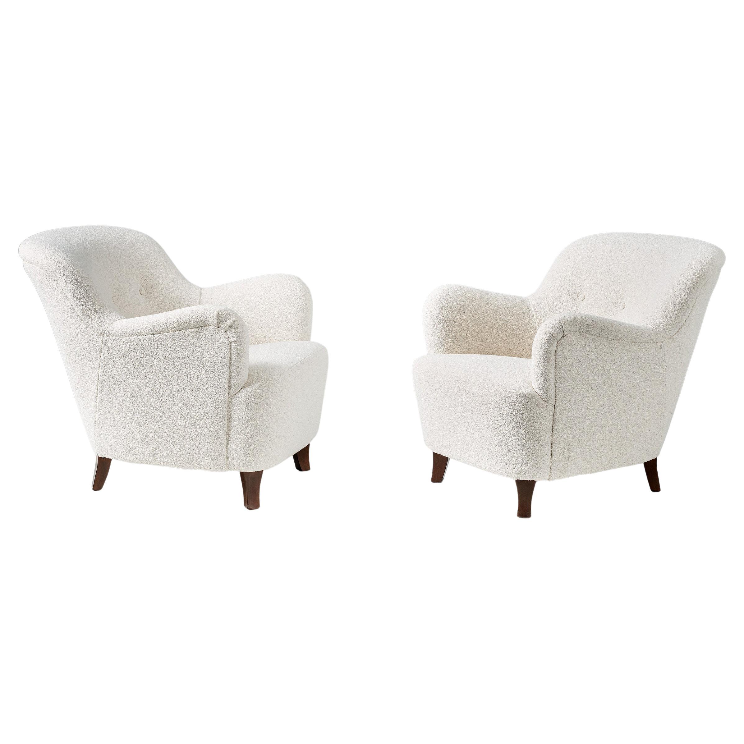 Pair of Custom Made White Boucle Lounge Chairs