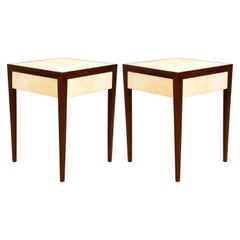 Pair of Custom Mahogany End/Side Tables with Parchment Top and Central Drawers