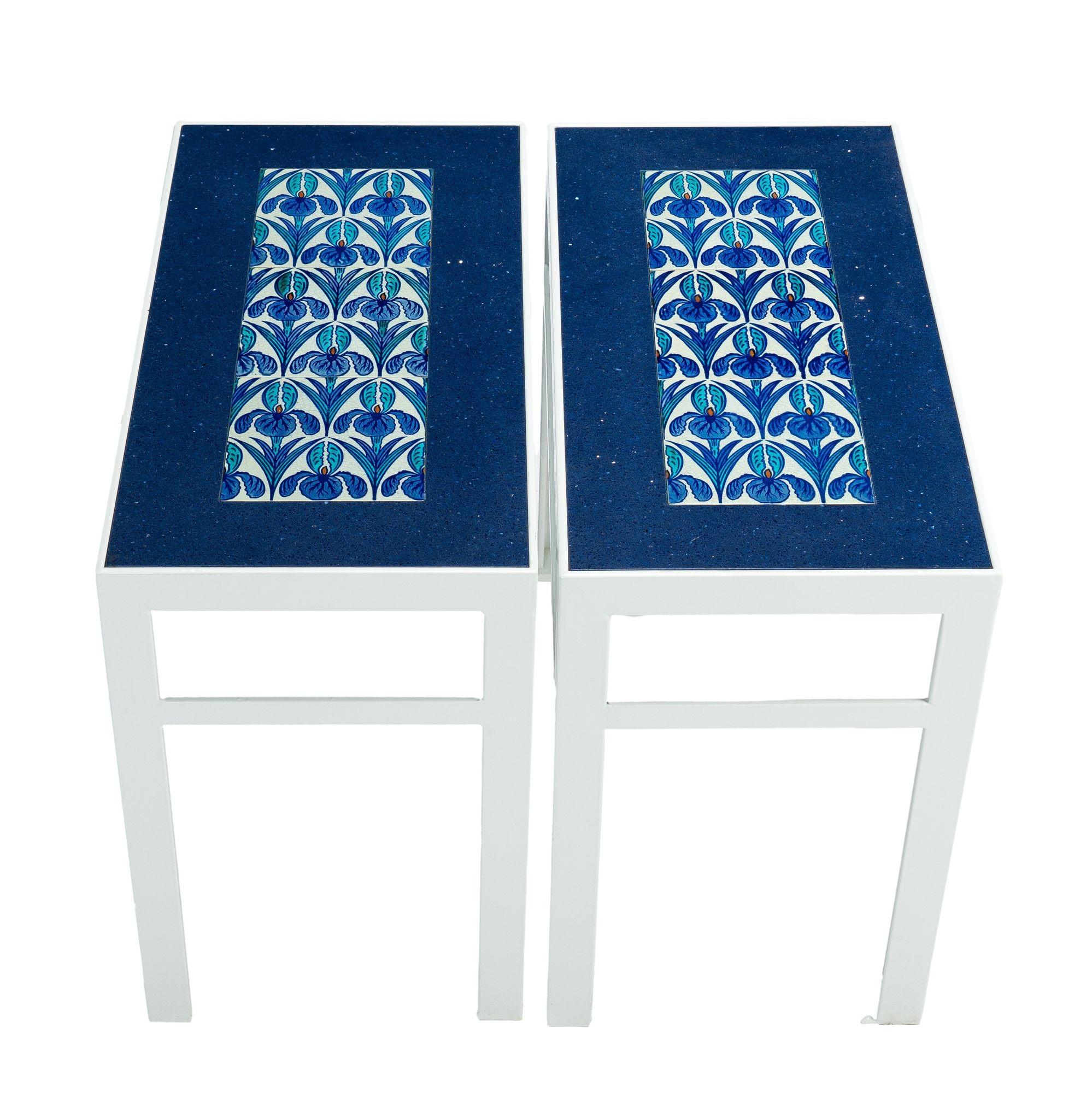 English Pair of custom marble & tile top tables with Maw & Co tiles, c. 1880-90 For Sale