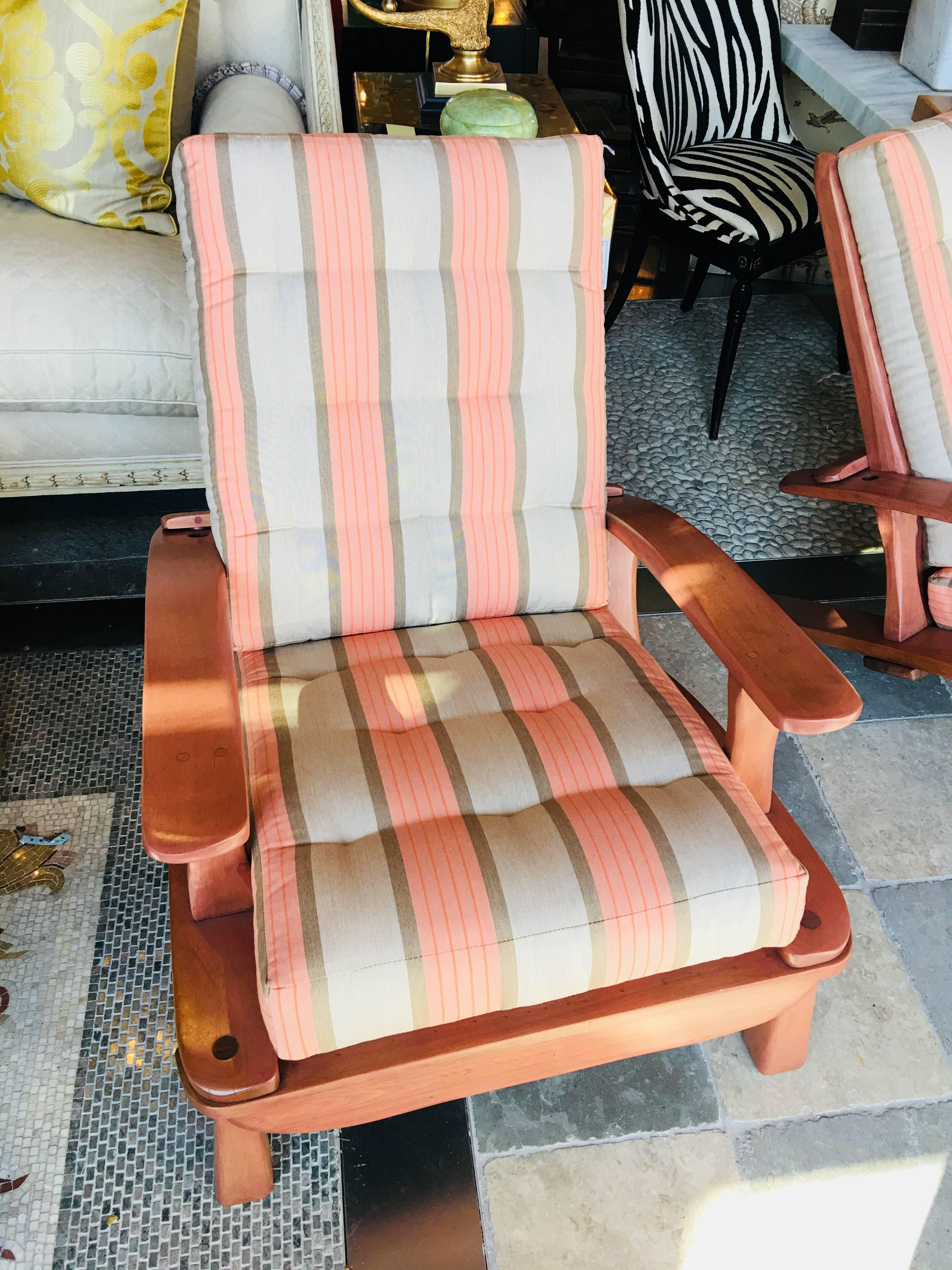 Pair of beautiful custom sunbrella pink and grey fabric midcentury maple folding chairs.