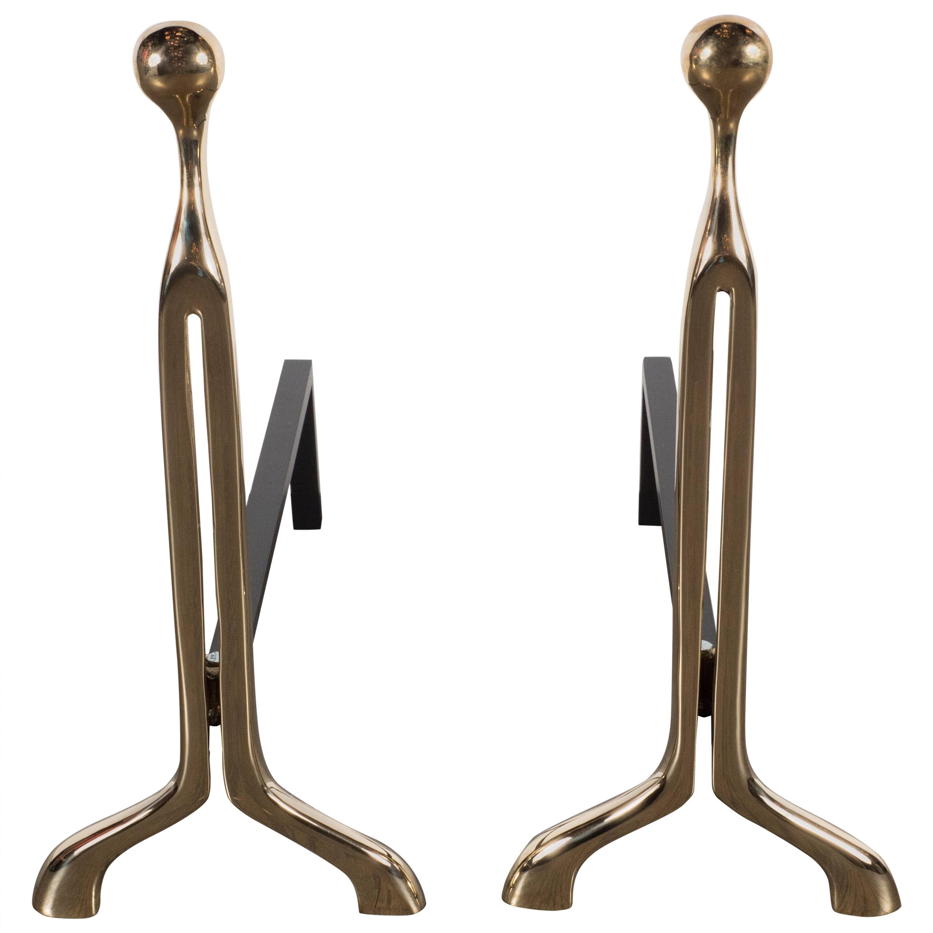 Paar Custom Mid-Century Modernist Style poliertem Messing Kaliber Andirons