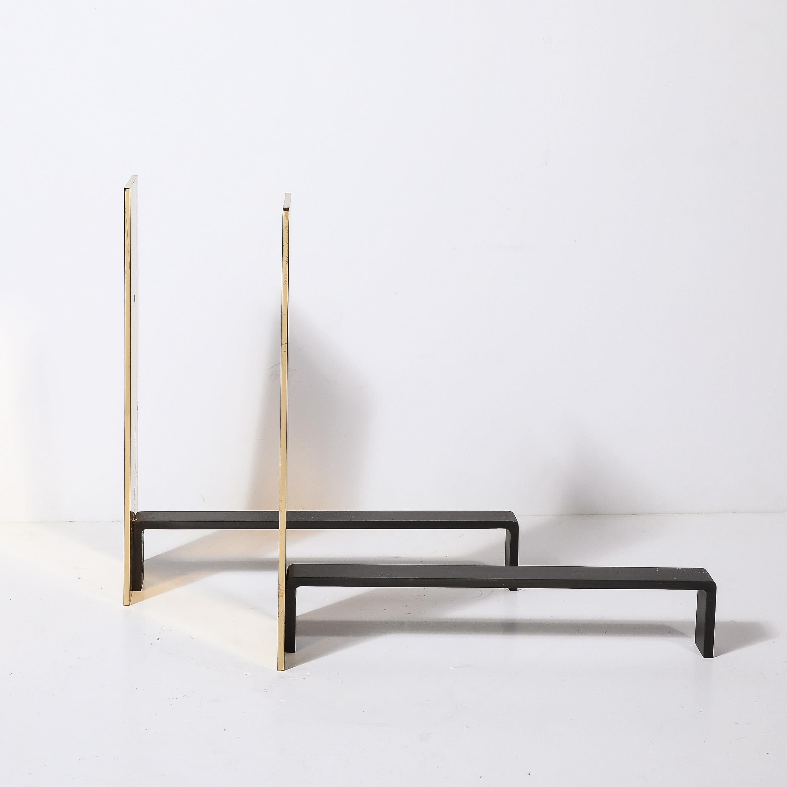 Pair of Custom Mid-Century Modernist Style Polished Brass Rectangular Andirons In Excellent Condition For Sale In New York, NY