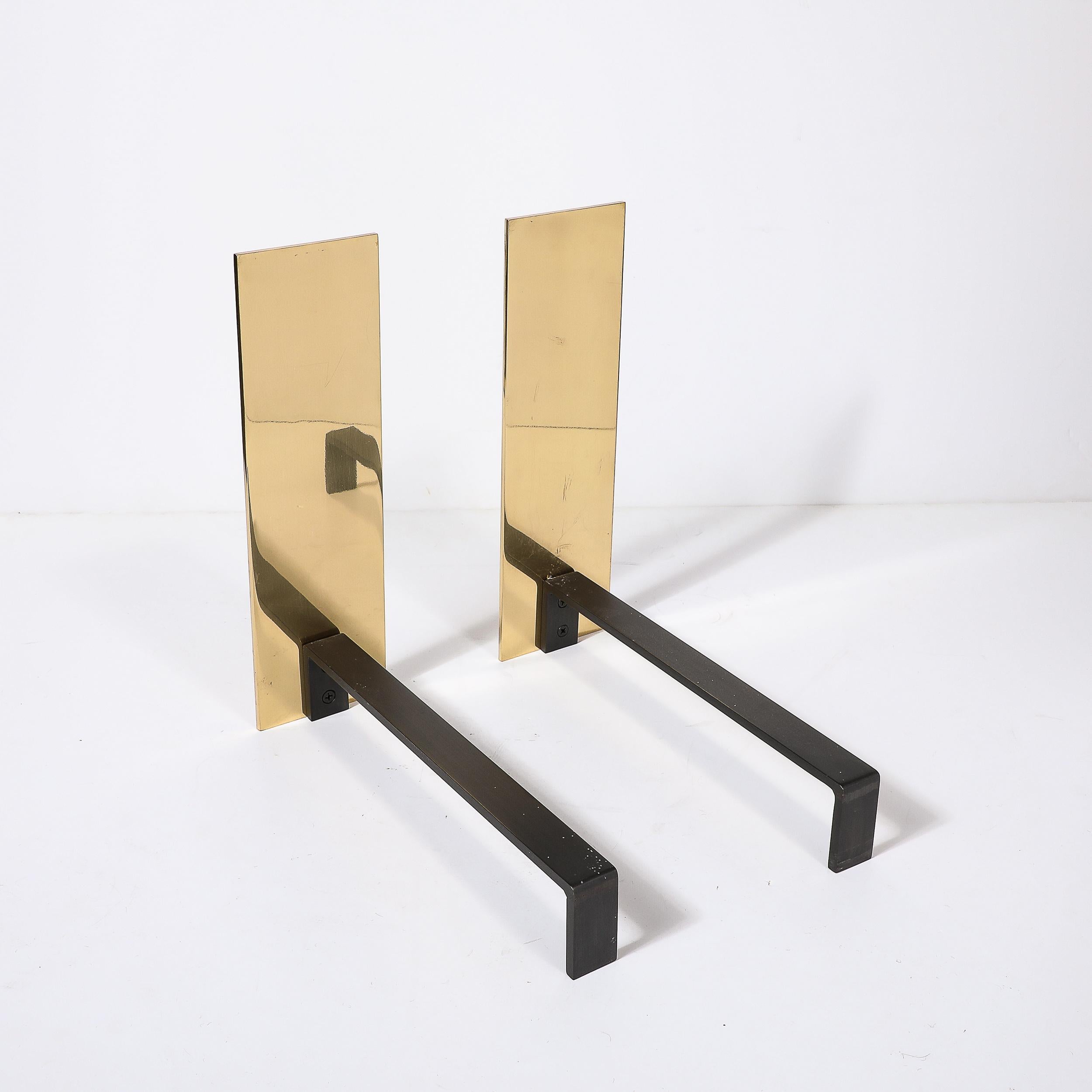 Contemporary Pair of Custom Mid-Century Modernist Style Polished Brass Rectangular Andirons For Sale