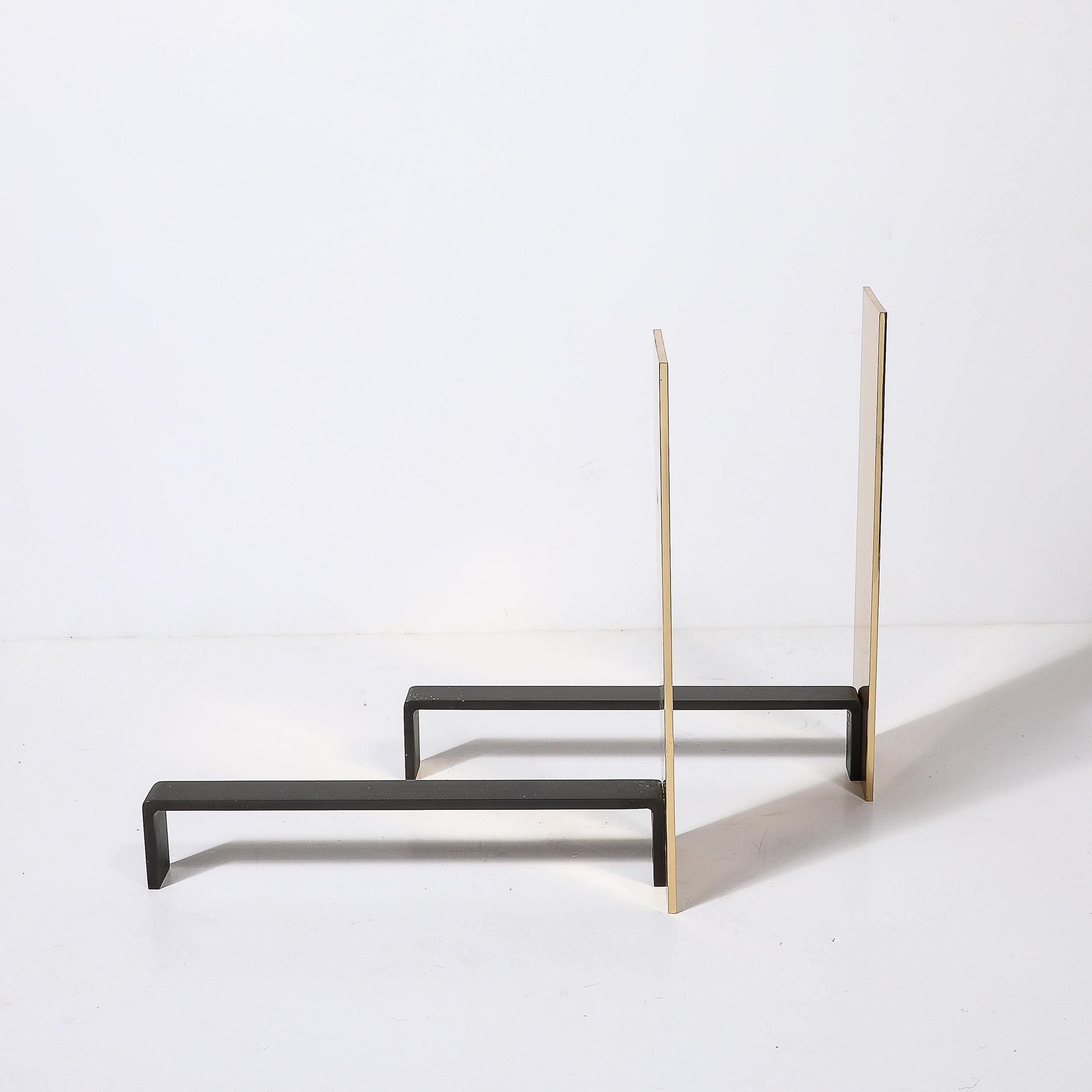 Pair of Custom Mid-Century Modernist Style Polished Brass Rectangular Andirons For Sale 1