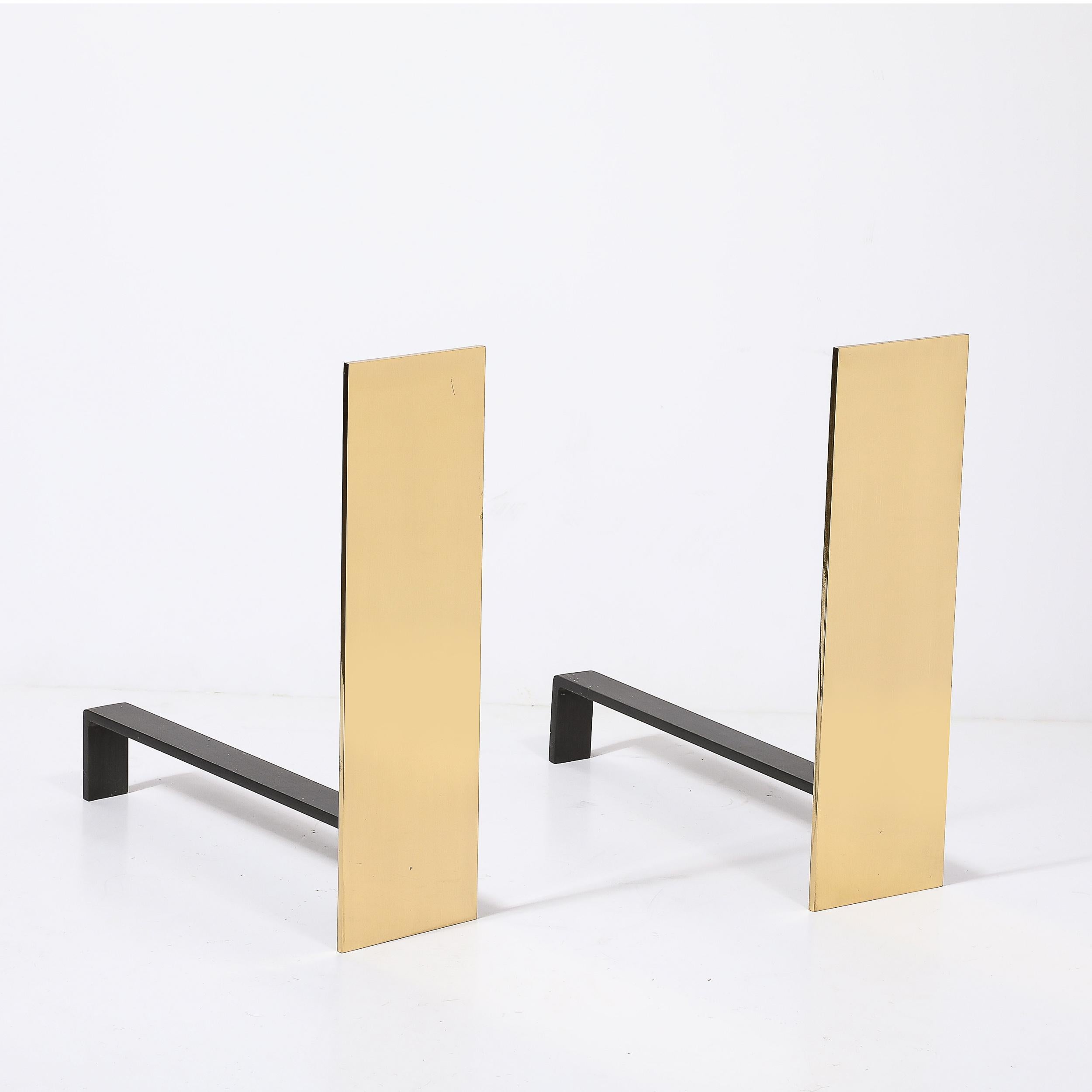 Pair of Custom Mid-Century Modernist Style Polished Brass Rectangular Andirons For Sale 2