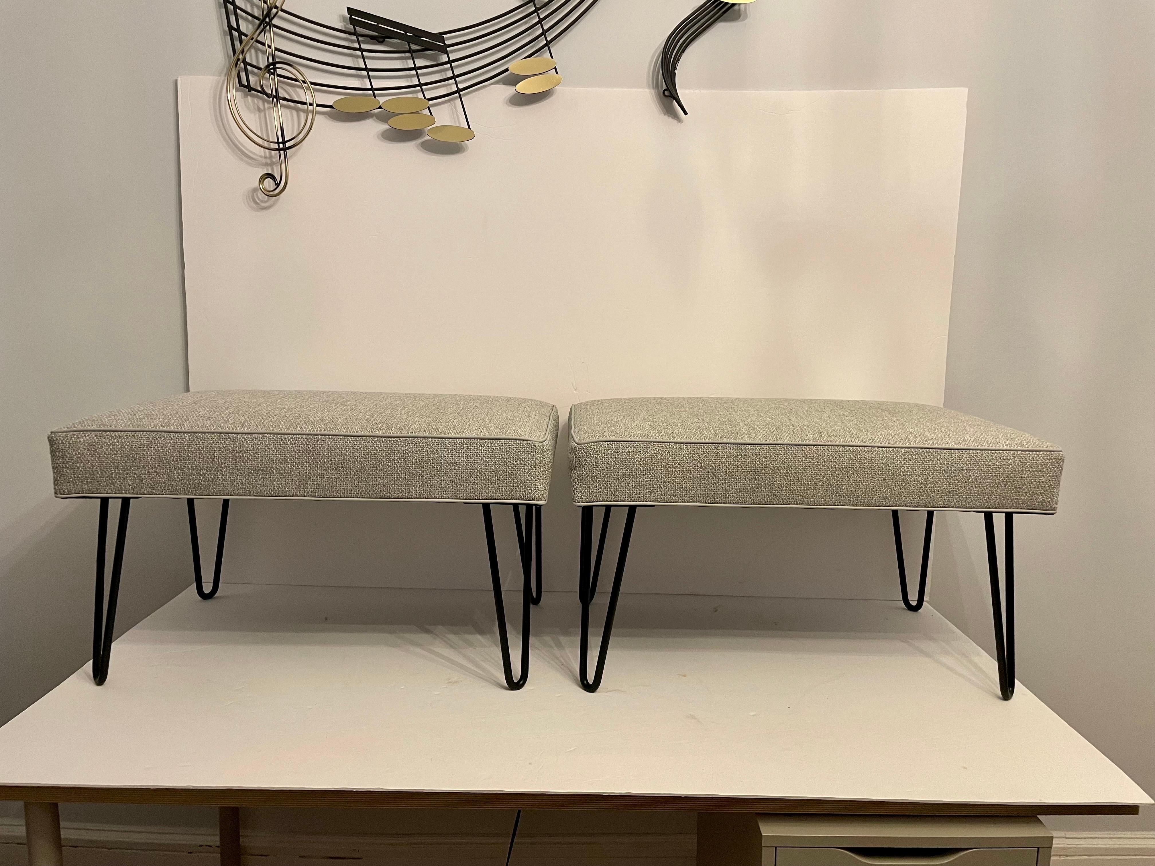 Pair of custom hairpin leg benches, with satin black powder coated iron legs and four inch thick upholstered seats. Shown in 28