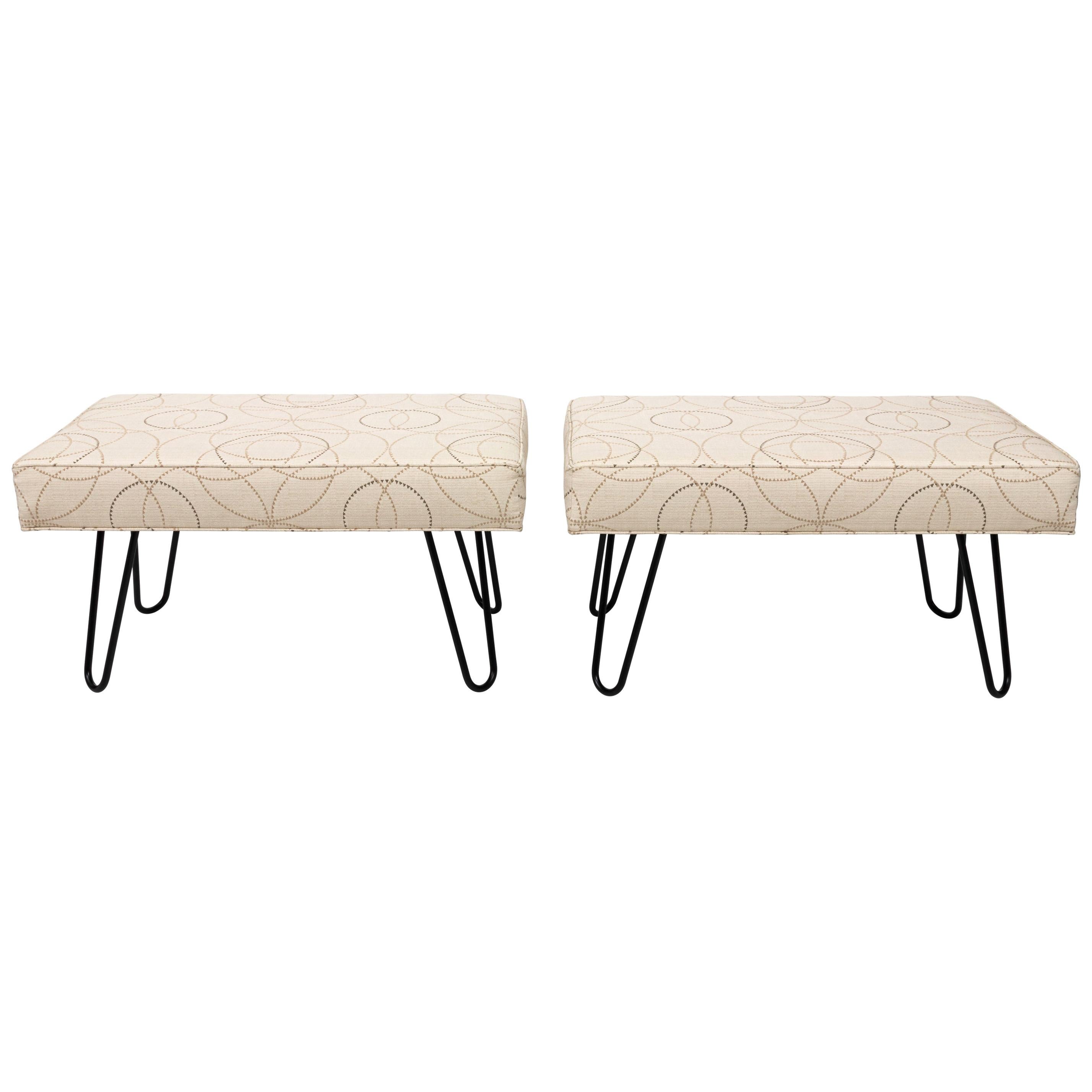 Pair of custom hairpin leg benches, with satin black powder coated iron legs and four inch thick upholstered seats. Shown with 24